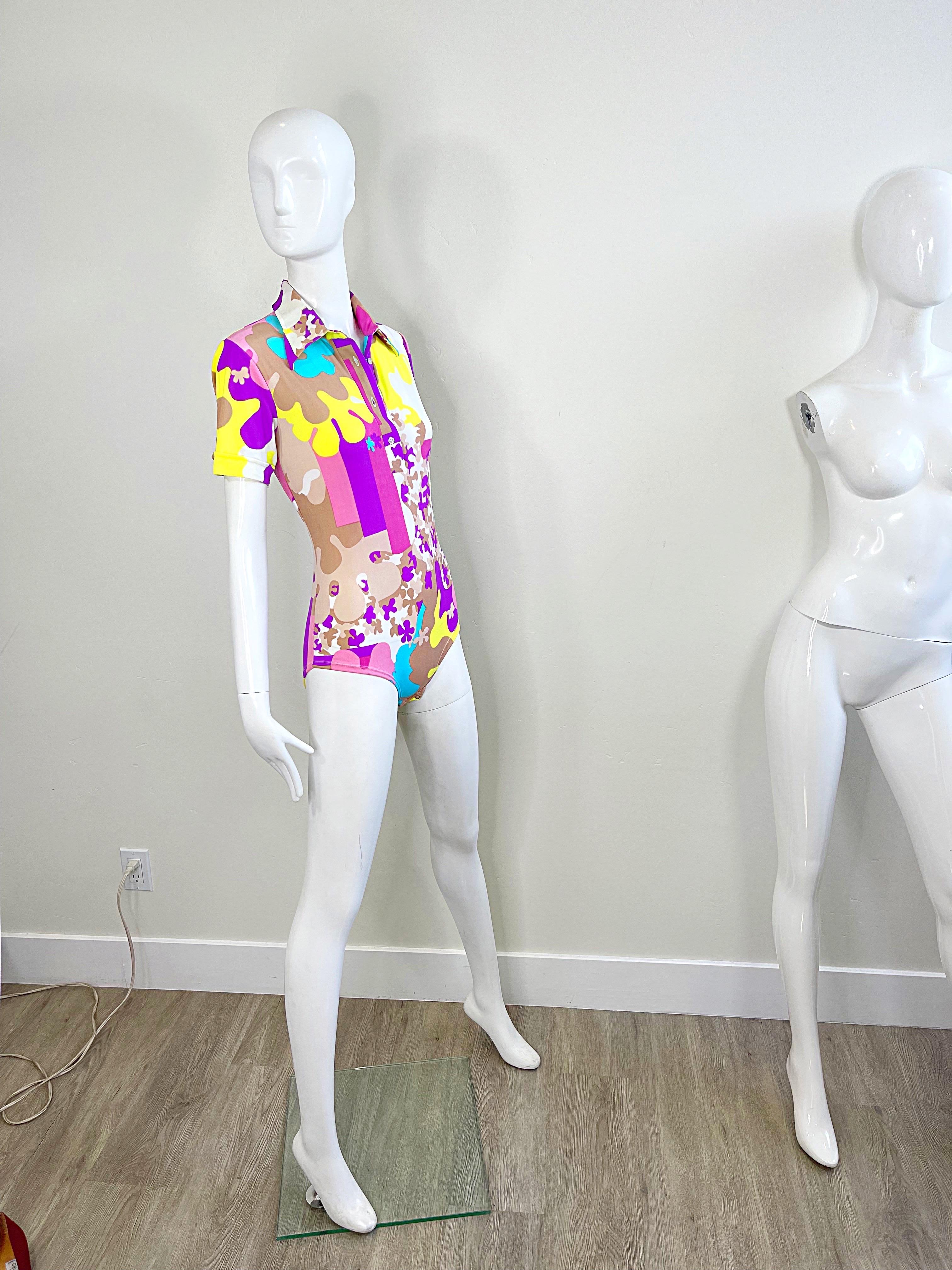 Amazing 1970s Bright Colored Novelty Puzzle Print One Piece Vintage 70s Bodysuit For Sale 8