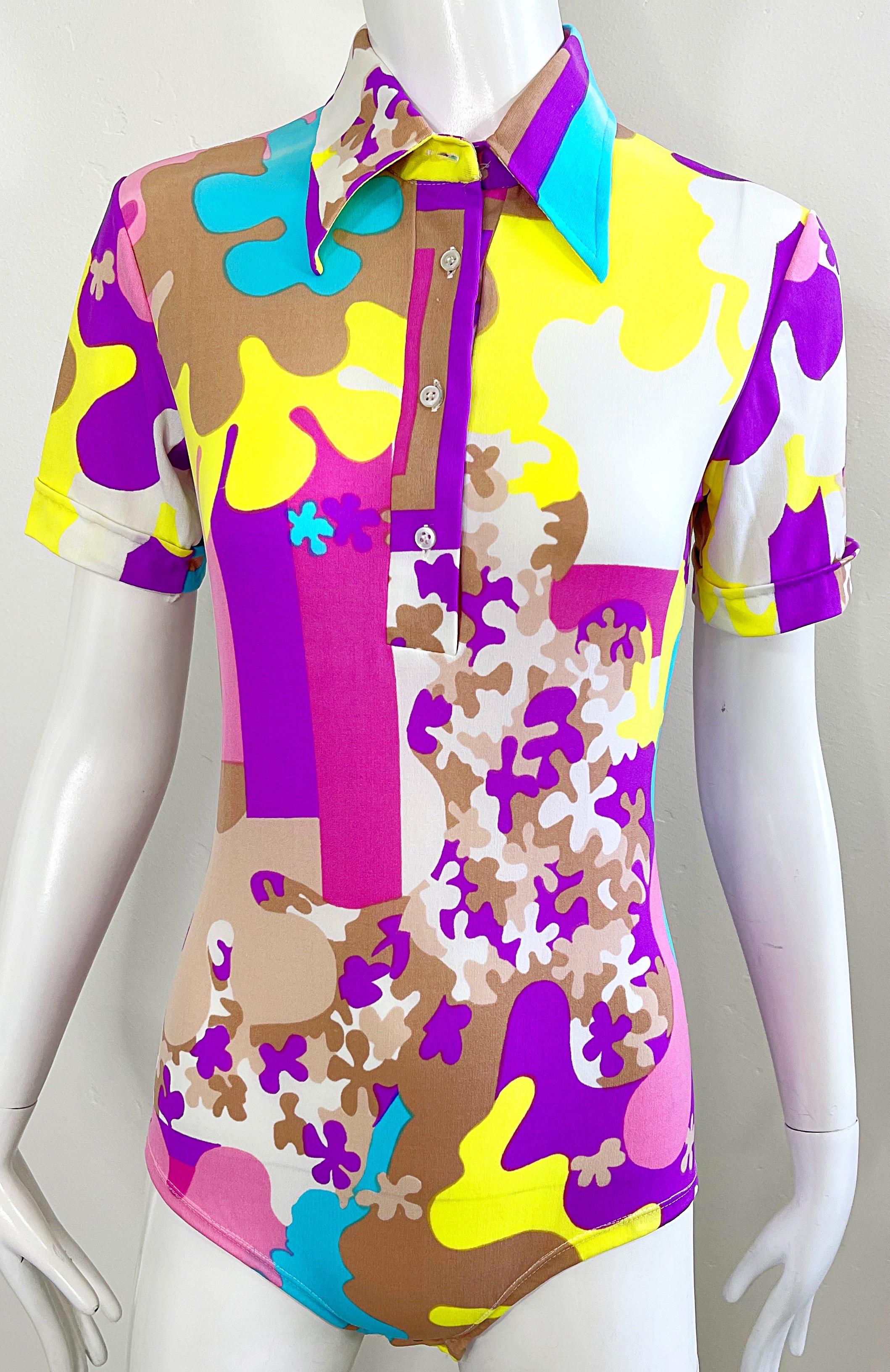 Amazing 1970s Bright Colored Novelty Puzzle Print One Piece Vintage 70s Bodysuit For Sale 9