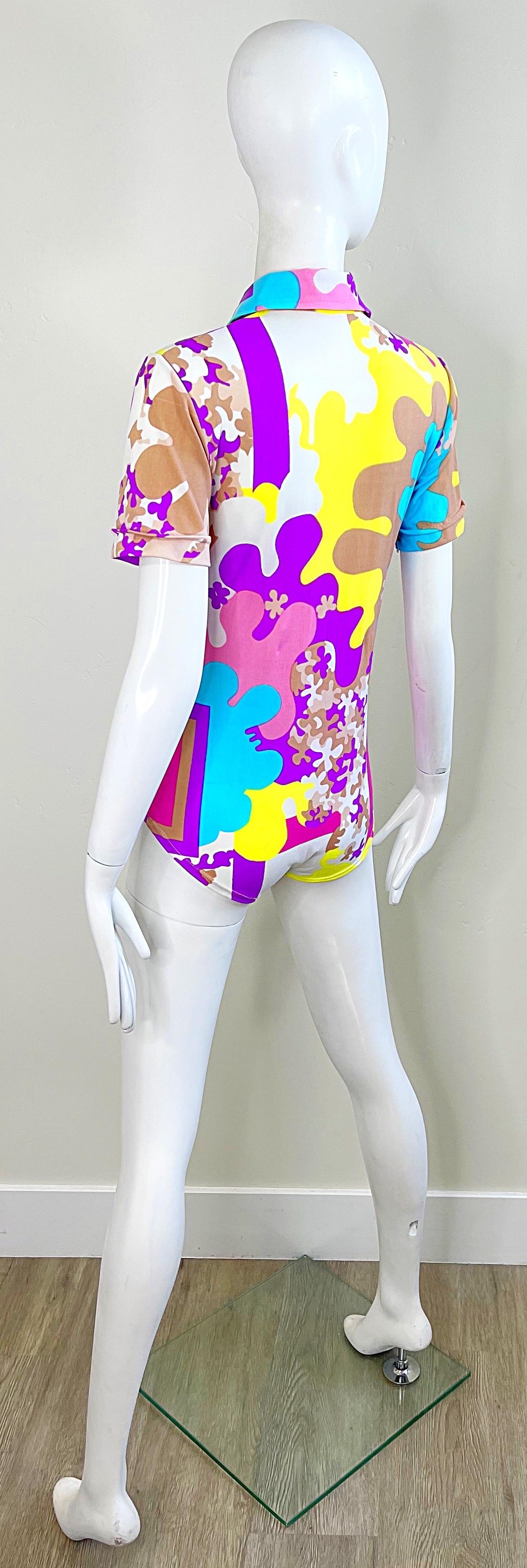 Amazing 1970s Bright Colored Novelty Puzzle Print One Piece Vintage 70s Bodysuit For Sale 11