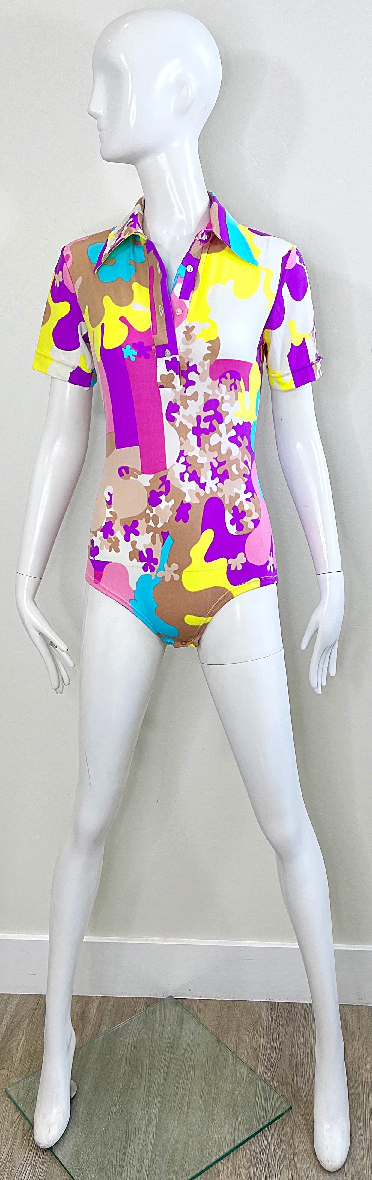 Amazing 1970s Bright Colored Novelty Puzzle Print One Piece Vintage 70s Bodysuit For Sale 12