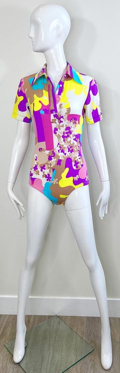 Amazing 1970s Bright Colored Novelty Puzzle Print One Piece Vintage 70s Bodysuit