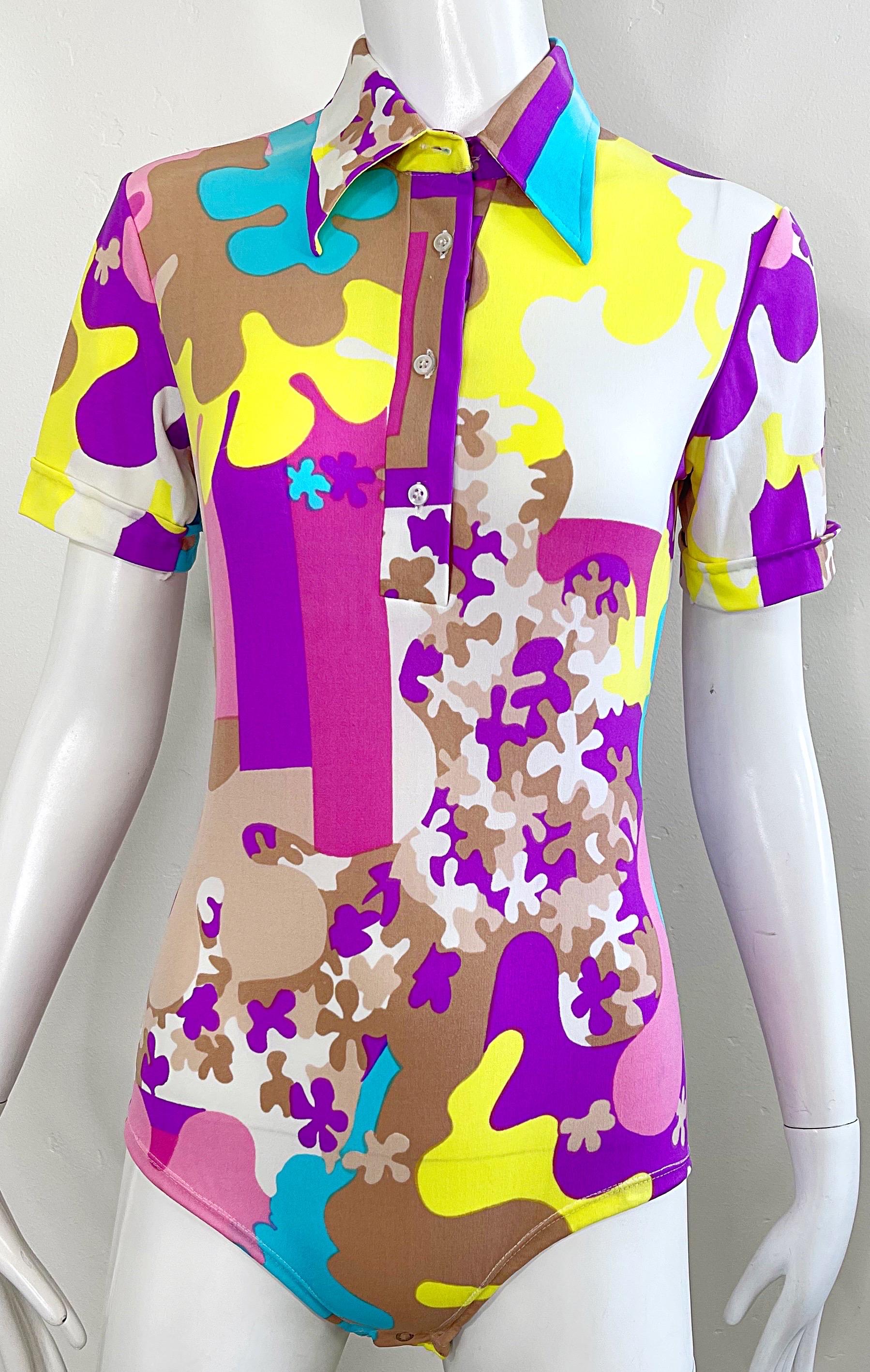 Amazing 1970s Bright Colored Novelty Puzzle Print One Piece Vintage 70s Bodysuit For Sale 1