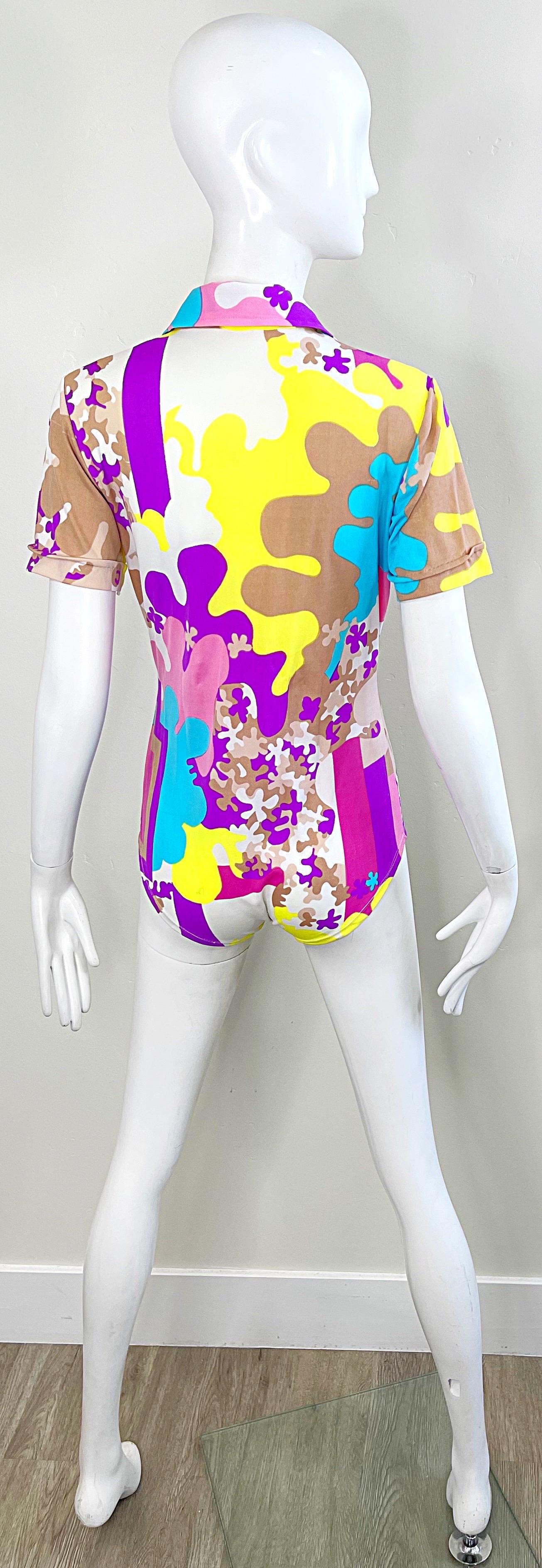 Amazing 1970s Bright Colored Novelty Puzzle Print One Piece Vintage 70s Bodysuit For Sale 1