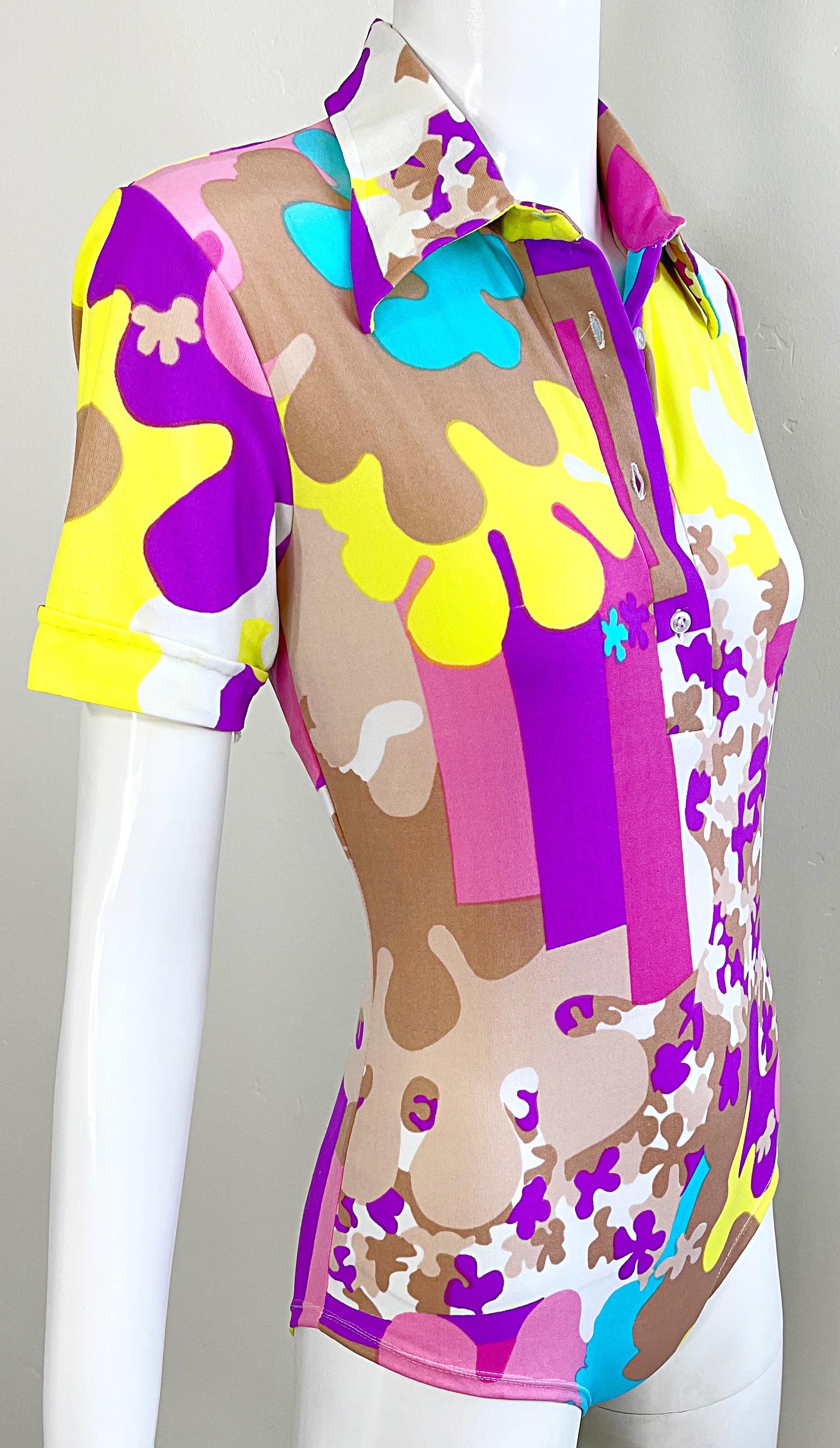 Amazing 1970s Bright Colored Novelty Puzzle Print One Piece Vintage 70s Bodysuit For Sale 2