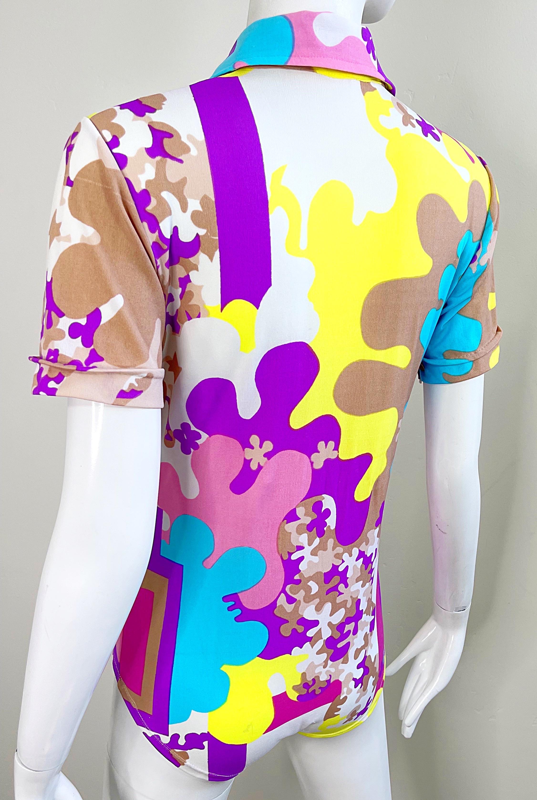 Amazing 1970s Bright Colored Novelty Puzzle Print One Piece Vintage 70s Bodysuit For Sale 3