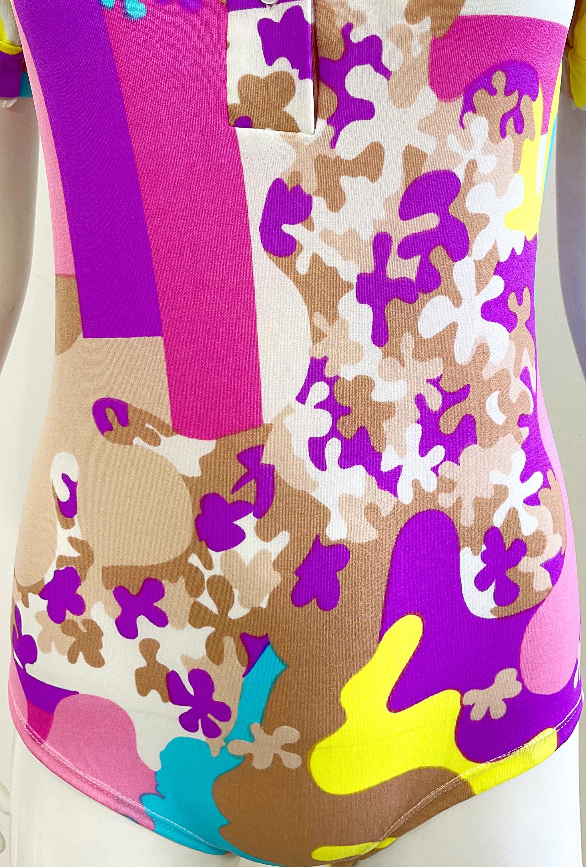 Amazing 1970s Bright Colored Novelty Puzzle Print One Piece Vintage 70s Bodysuit For Sale 4