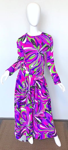 Amazing 1970s Bright Colorful Psychedelic Top + Wide Leg Palazzo Cropped Pants