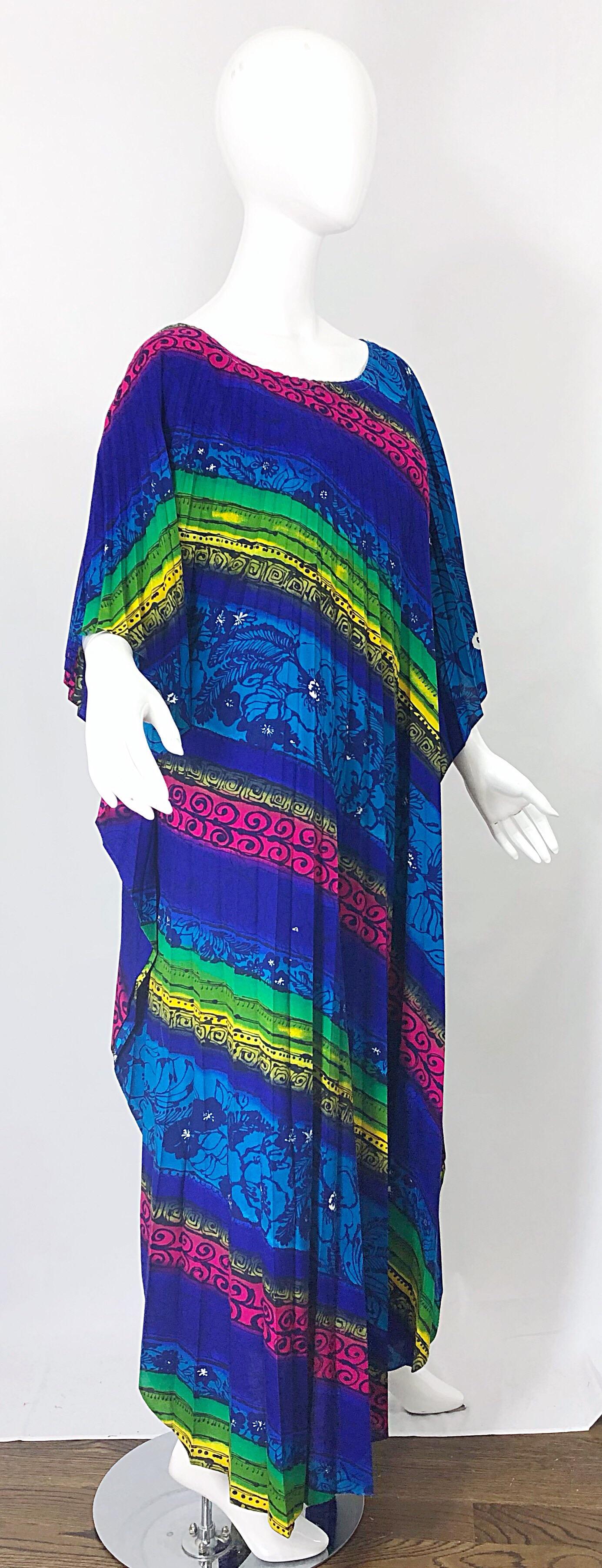 Amazing 1970s Brightly Colored Flower Pleated Vintage 70s Caftan Maxi ...