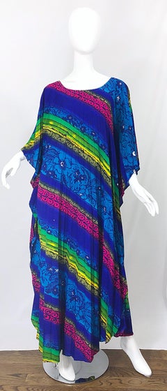 Amazing 1970s Brightly Colored Flower Pleated Vintage 70s Caftan Maxi Dres