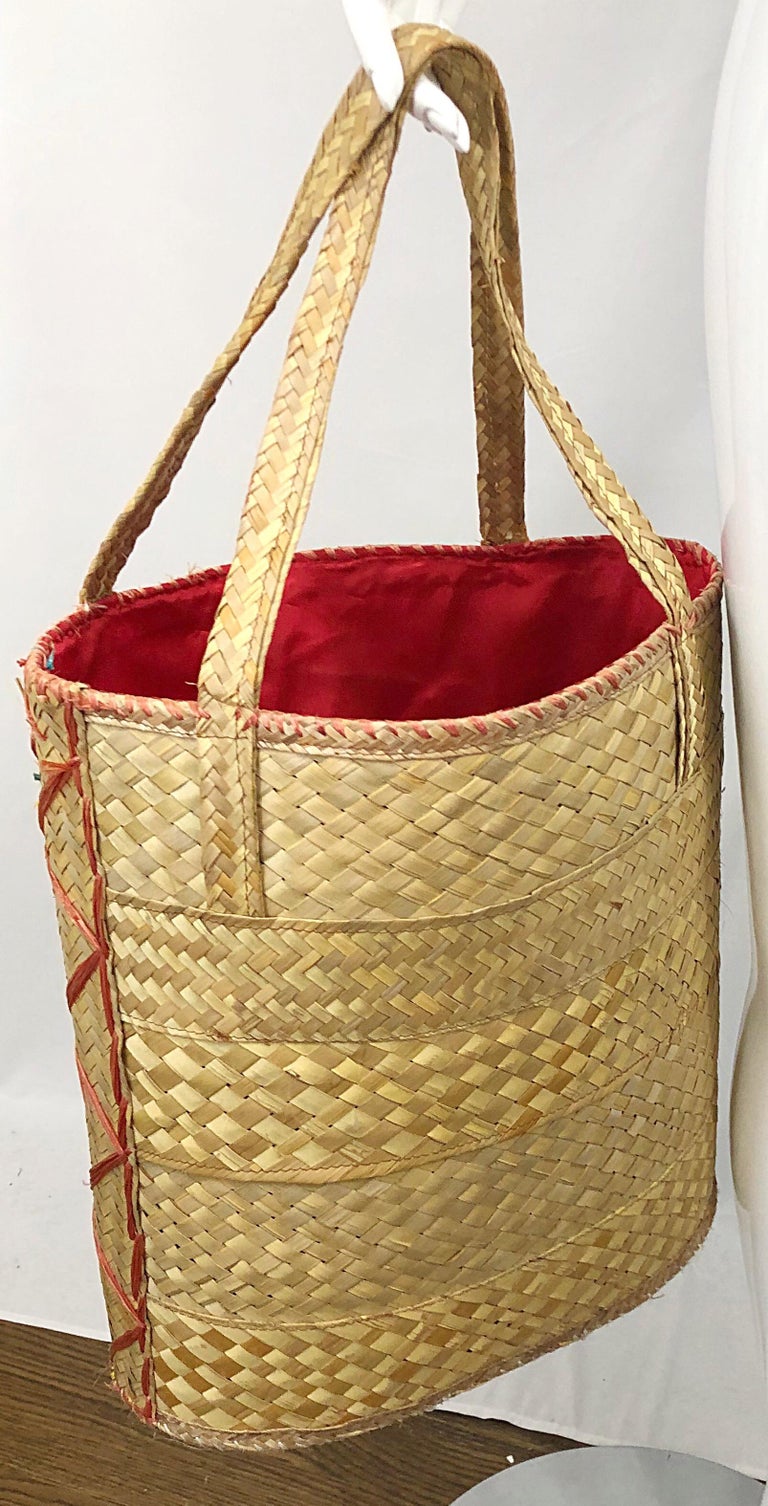 Amazing 1970s Extra Large Novelty Embroidered Raffia Vintage 70s Straw