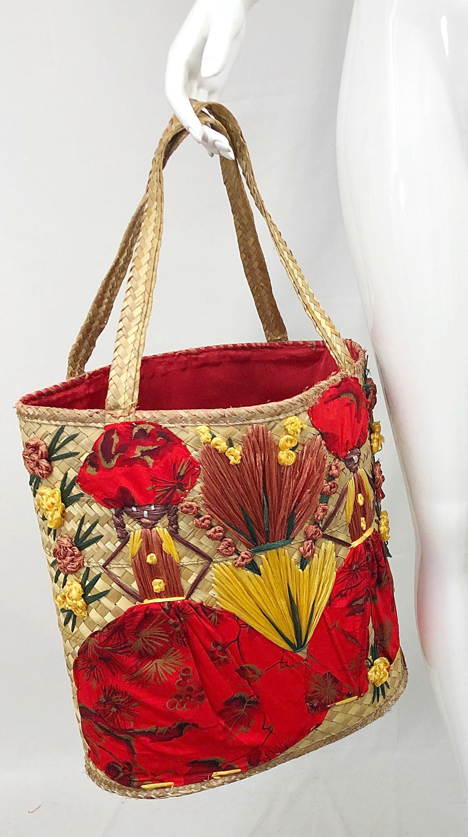 Amazing 1970s Extra Large Novelty Embroidered Raffia Vintage 70s Straw Bag Purse For Sale 1