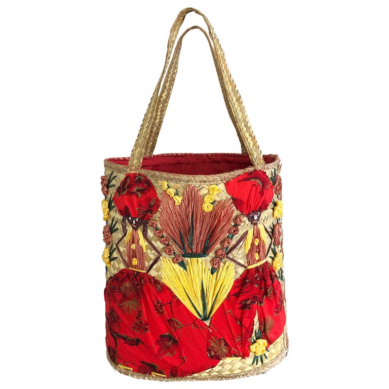 Amazing 1970s Extra Large Novelty Embroidered Raffia Vintage 70s Straw