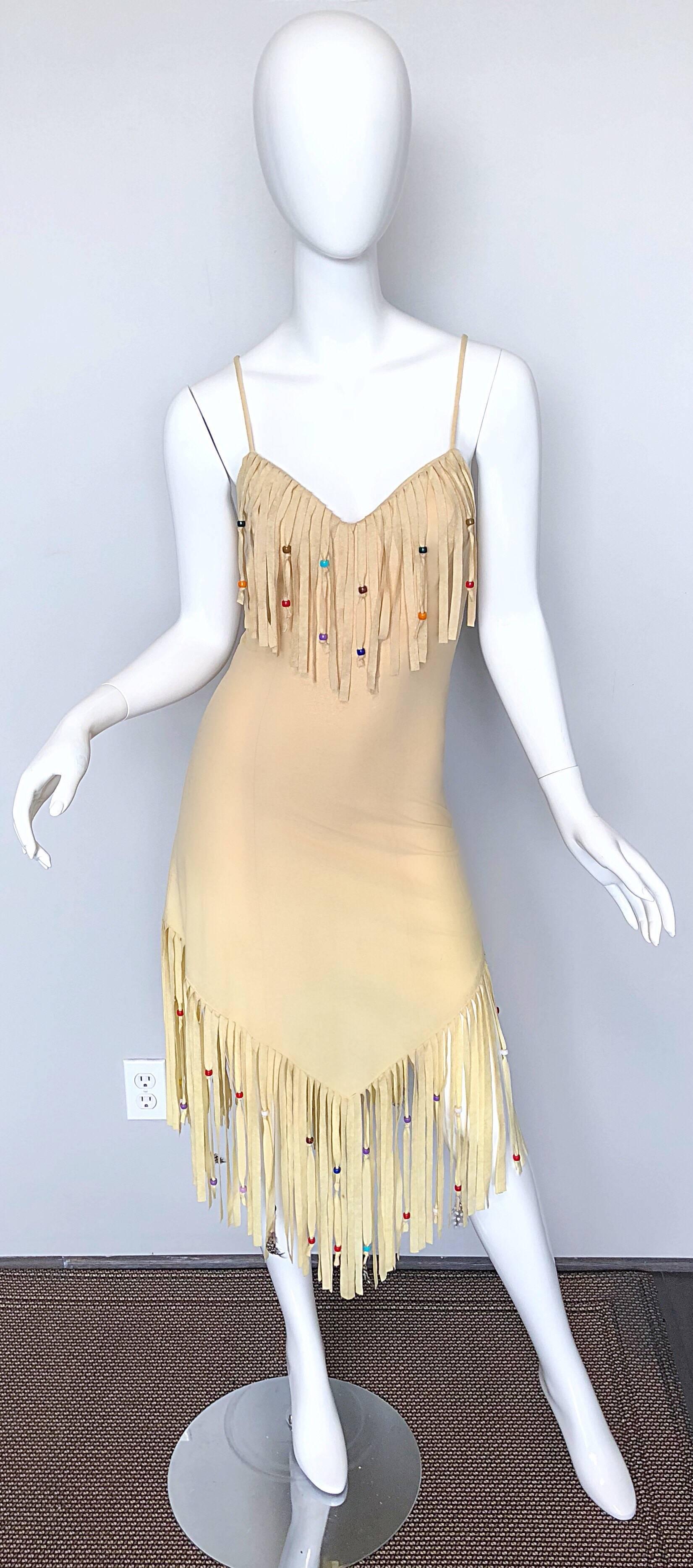 Amazing 1970s Faux Suede Beaded + Feathers Tan Nude Fringe Scarf Hem Boho Dress 5