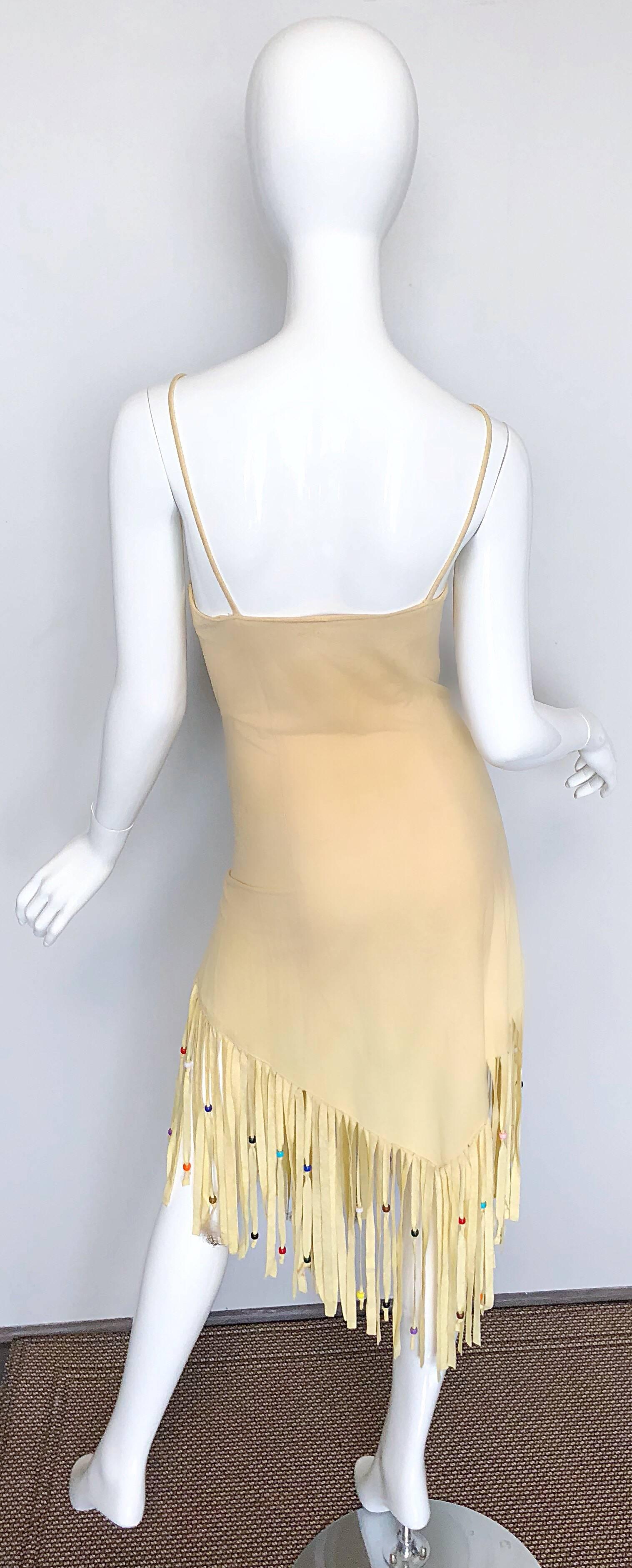 Amazing 1970s Faux Suede Beaded + Feathers Tan Nude Fringe Scarf Hem Boho Dress In Excellent Condition In San Diego, CA