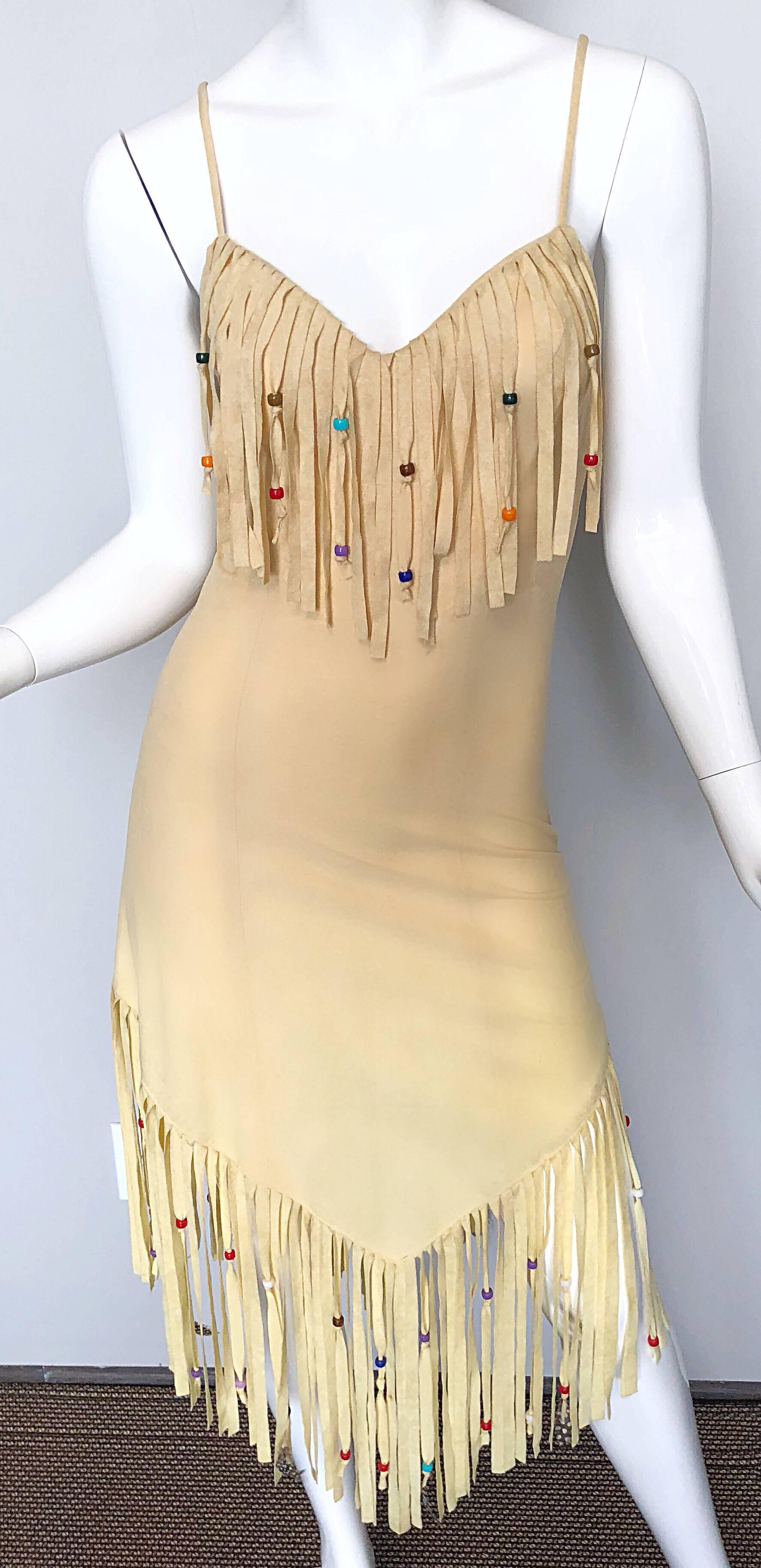 Women's Amazing 1970s Faux Suede Beaded + Feathers Tan Nude Fringe Scarf Hem Boho Dress