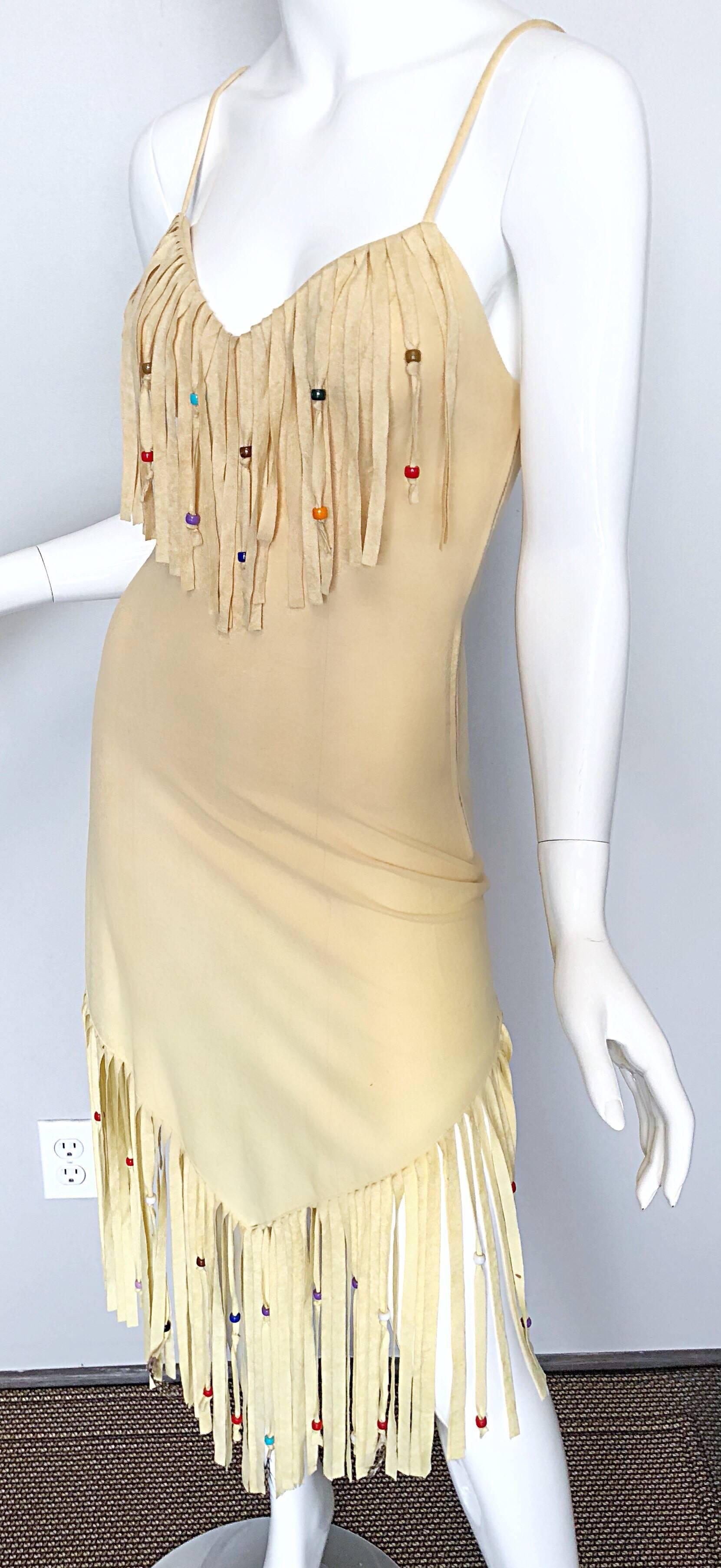 Amazing 1970s Faux Suede Beaded + Feathers Tan Nude Fringe Scarf Hem Boho Dress 1