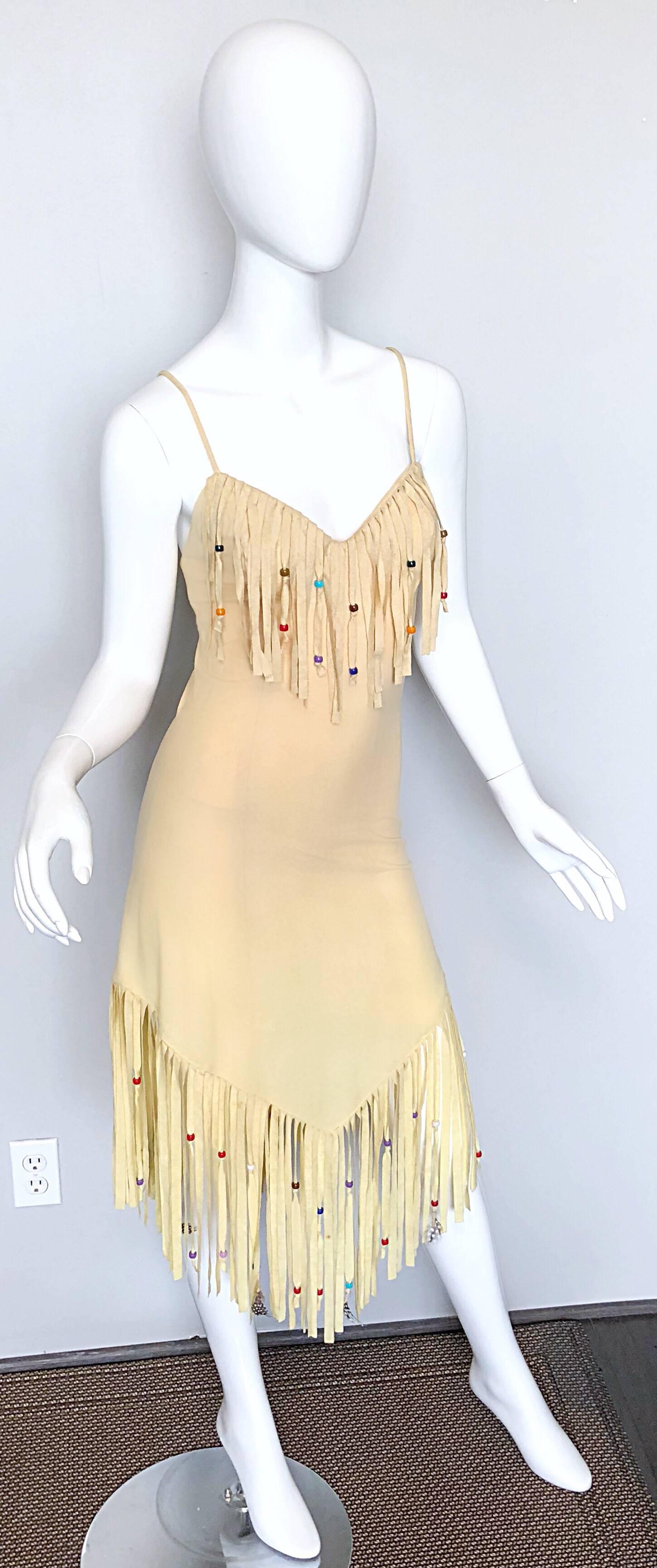 Amazing 1970s Faux Suede Beaded + Feathers Tan Nude Fringe Scarf Hem Boho Dress 3