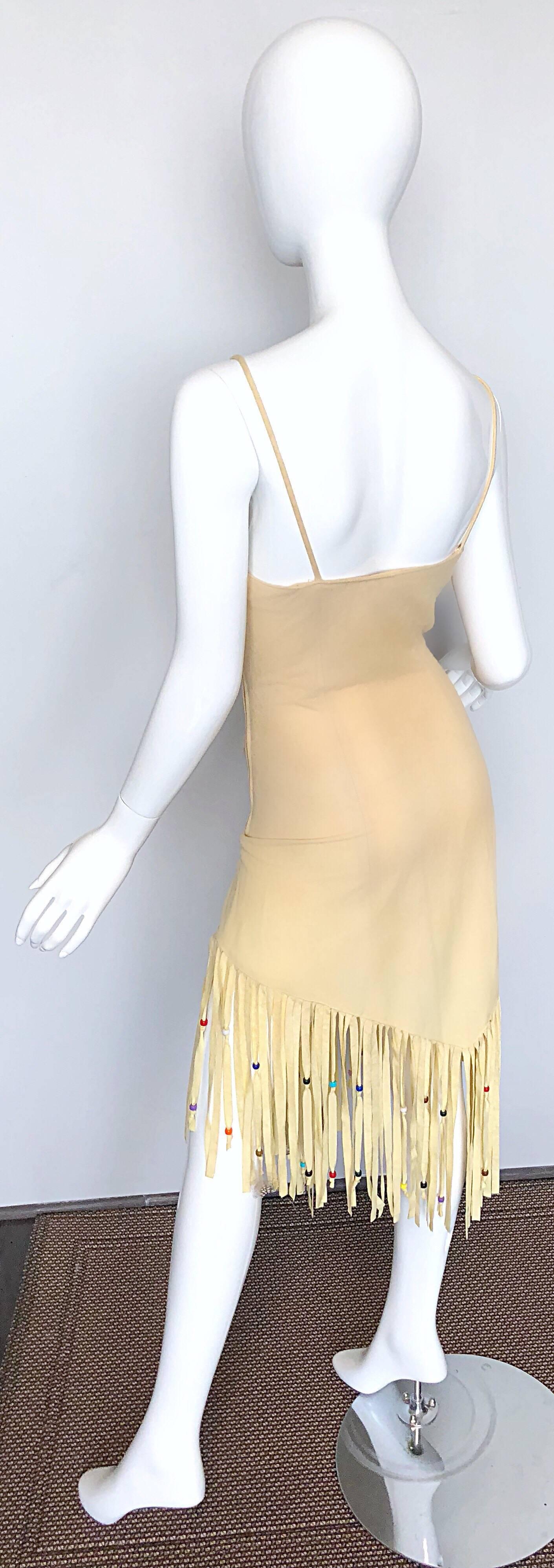 Amazing 1970s Faux Suede Beaded + Feathers Tan Nude Fringe Scarf Hem Boho Dress 4