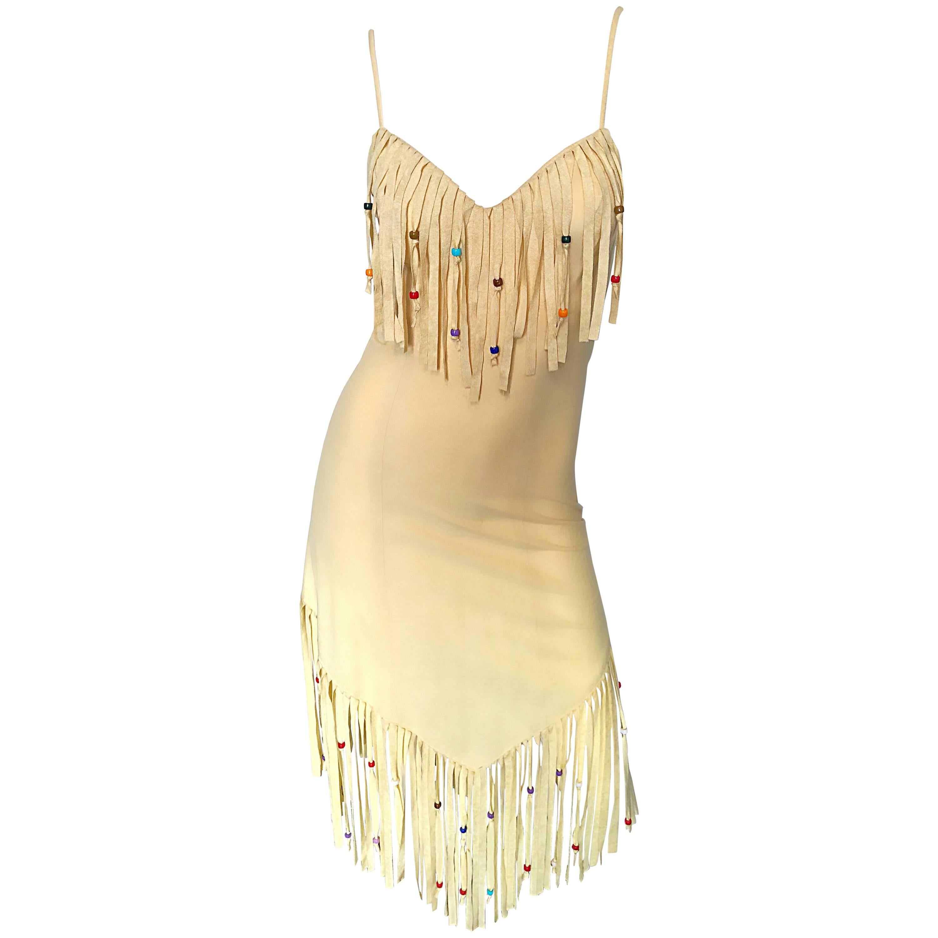 Amazing 1970s Faux Suede Beaded + Feathers Tan Nude Fringe Scarf Hem Boho Dress