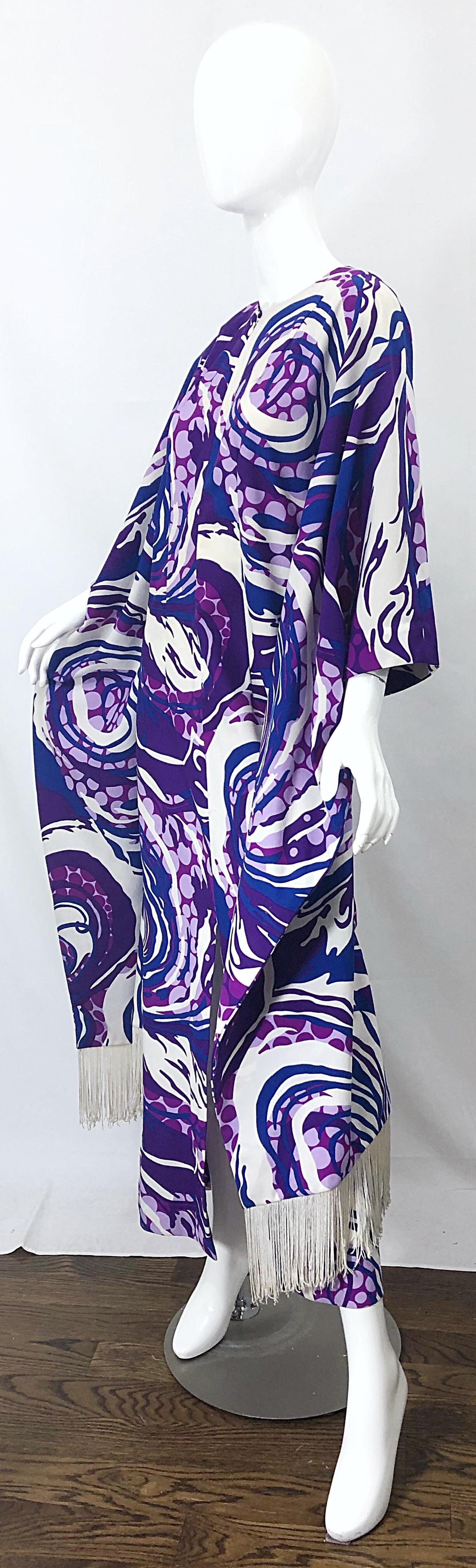 Women's Amazing 1970s Fringed Purple and Blue Abstract Swirl Print Vintage 70s Caftan For Sale