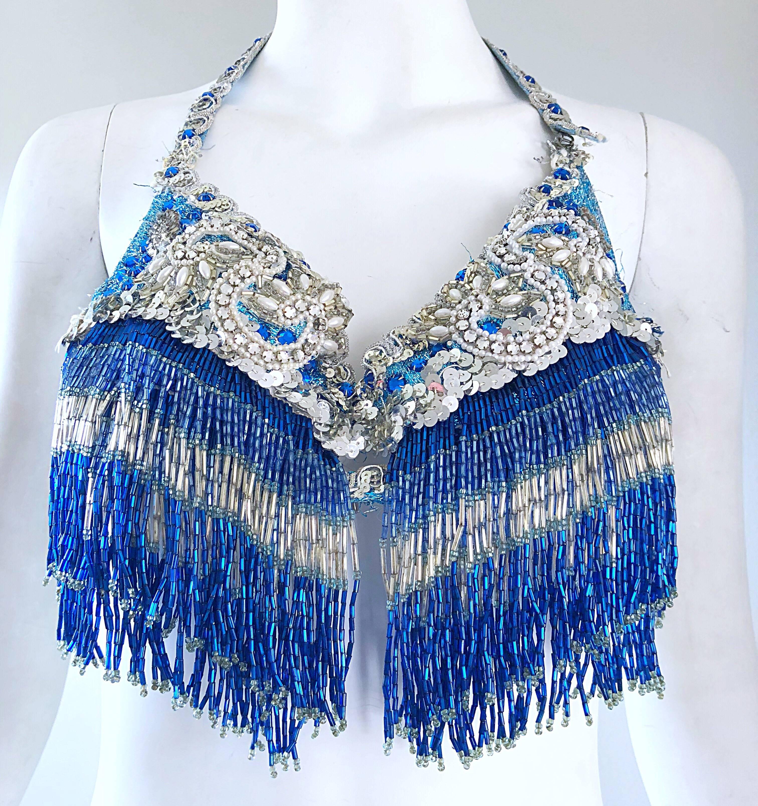 Fully Beaded Fringed Vintage Showgirl Bra and Skirt Ensemble, 1970s  In Excellent Condition In San Diego, CA