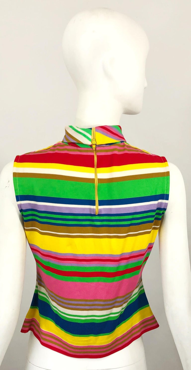 Amazing 1970s I Magnin Rainbow Striped High Neck Vintage 70s Sleeveless ...