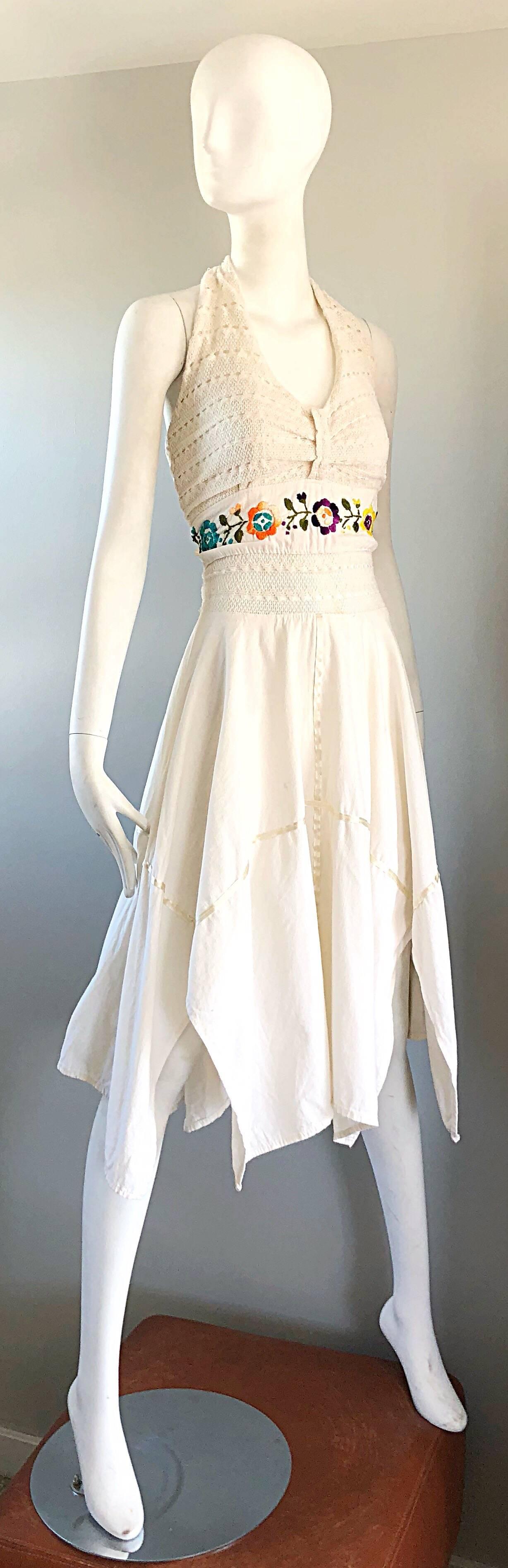 Amazing 1970s Ivory Cotton Embroidered Handkerchief Hem Vintage 70s Halter Dress 2