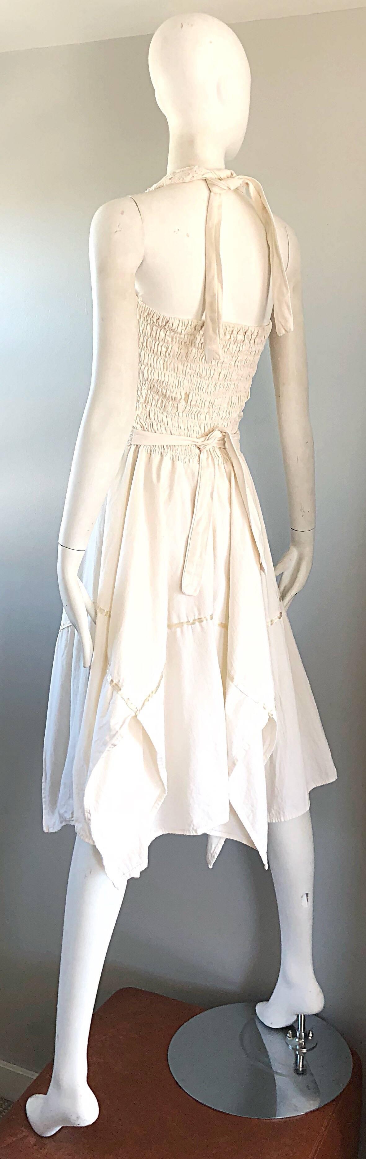 Amazing 1970s Ivory Cotton Embroidered Handkerchief Hem Vintage 70s Halter Dress 3