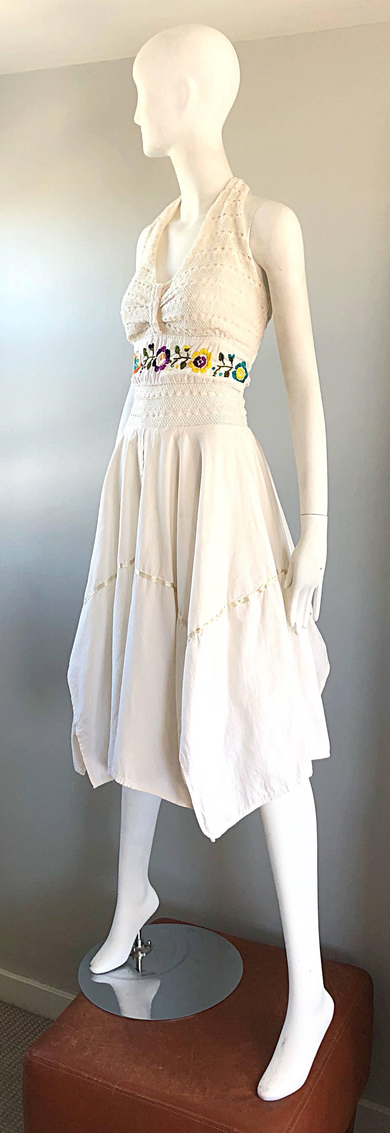 Beige Amazing 1970s Ivory Cotton Embroidered Handkerchief Hem Vintage 70s Halter Dress