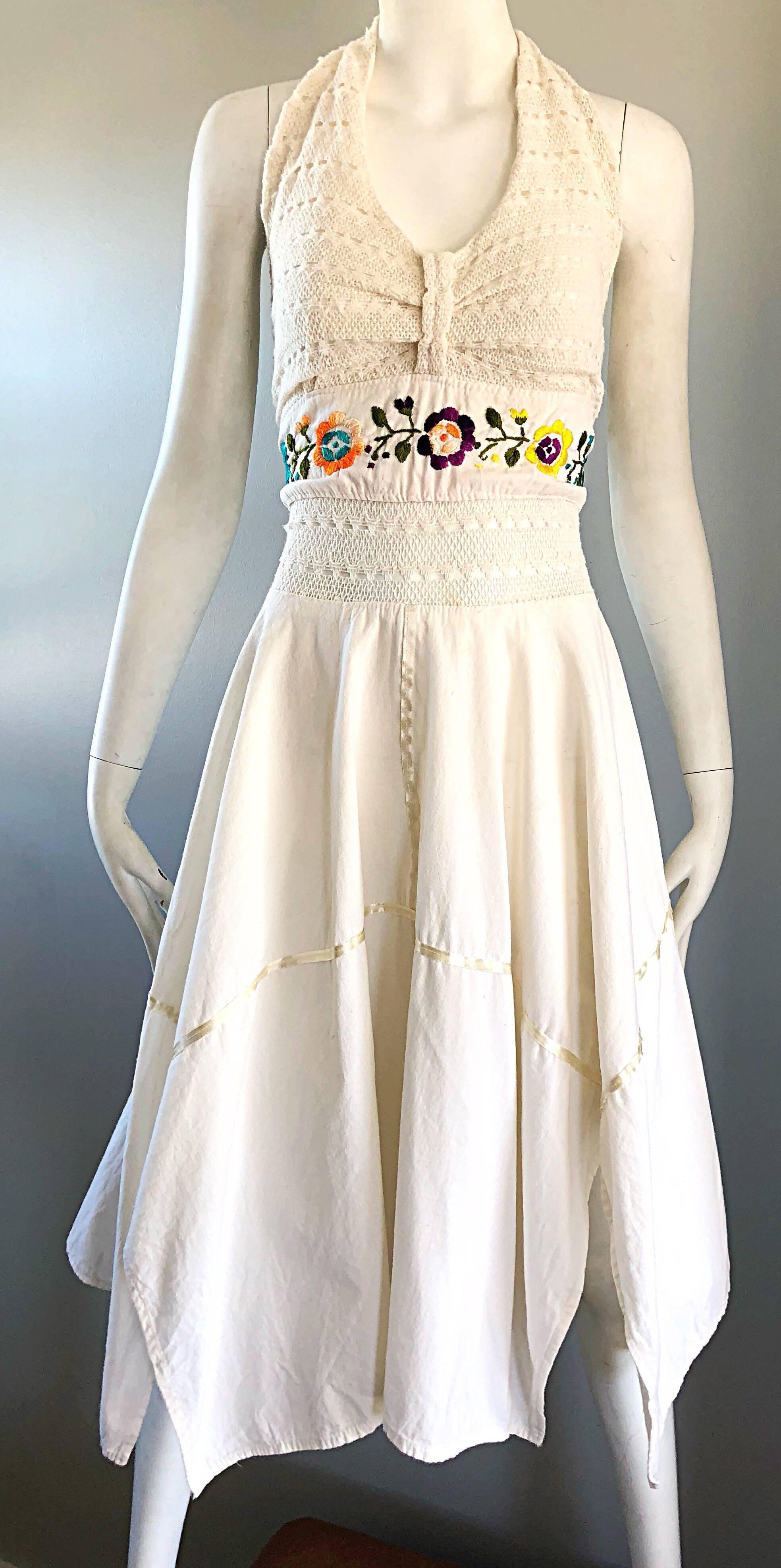 Amazing 1970s Ivory Cotton Embroidered Handkerchief Hem Vintage 70s Halter Dress In Excellent Condition In San Diego, CA