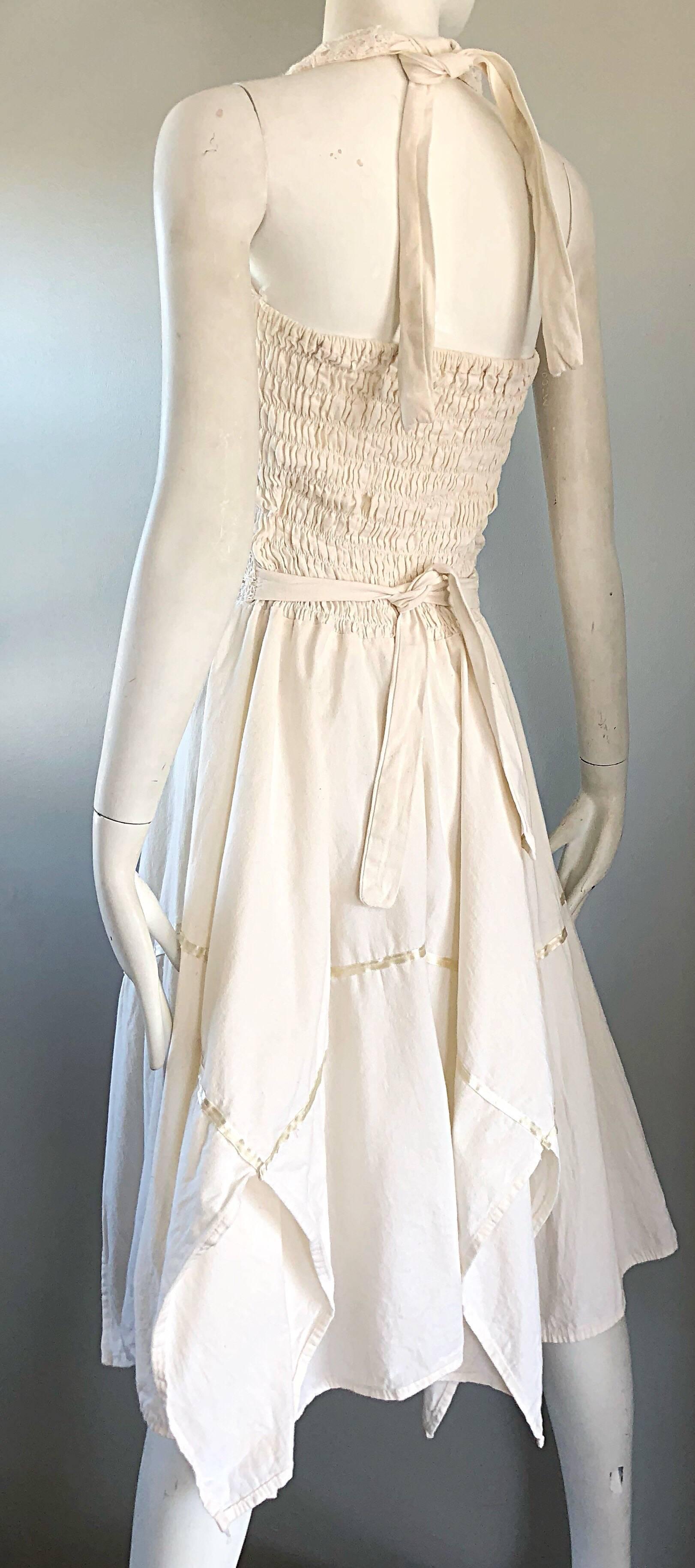 Women's Amazing 1970s Ivory Cotton Embroidered Handkerchief Hem Vintage 70s Halter Dress