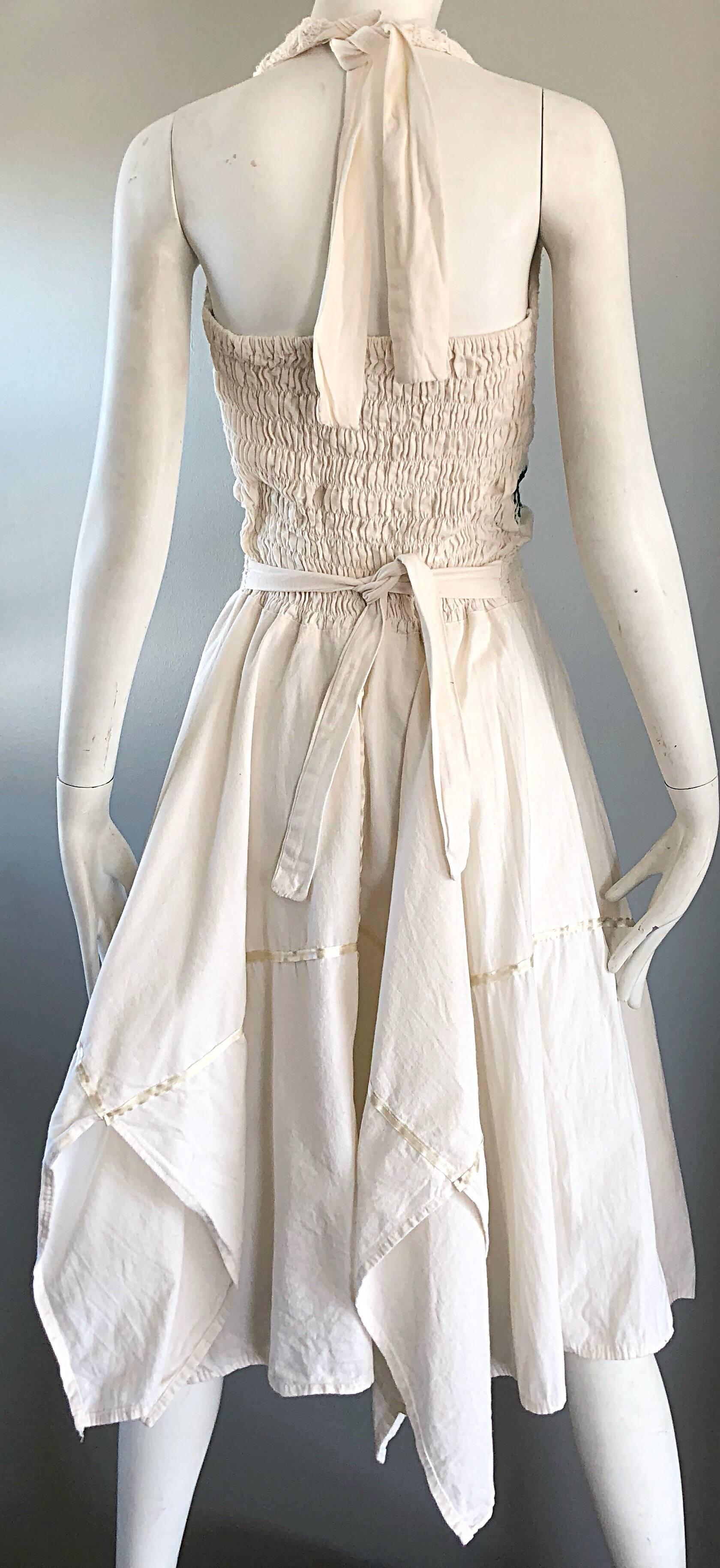 Amazing 1970s Ivory Cotton Embroidered Handkerchief Hem Vintage 70s Halter Dress 1