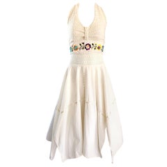 Amazing 1970s Ivory Cotton Embroidered Handkerchief Hem Vintage 70s Halter Dress