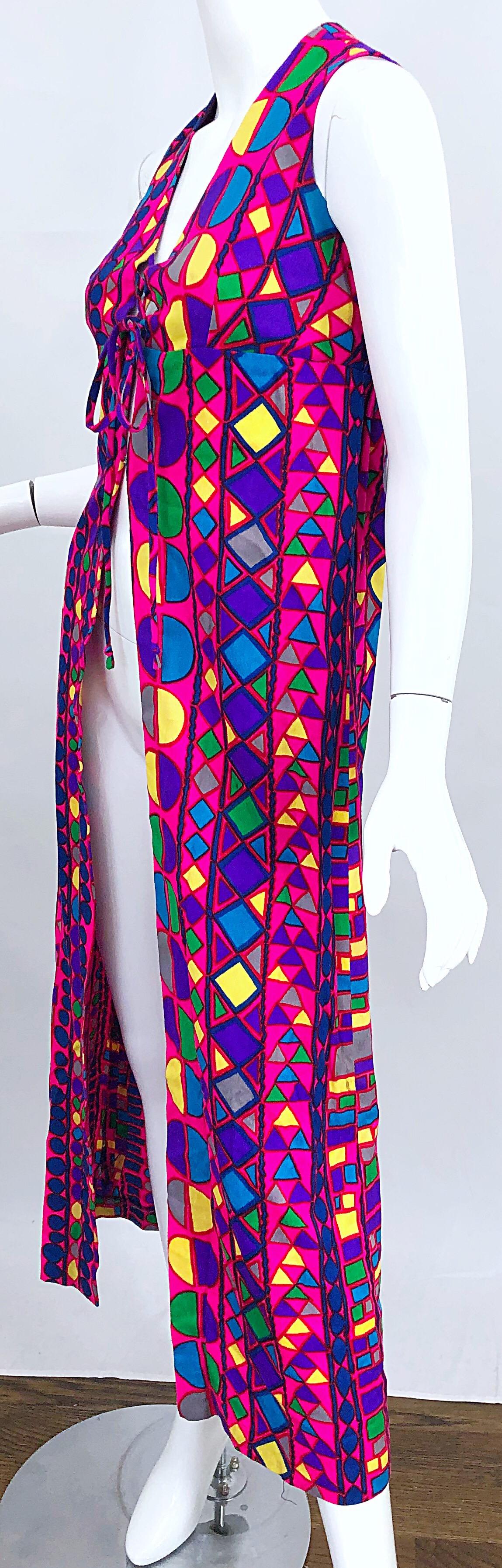 Amazing 1970s Joseph Magnin Vibrant Colorful Abstract Mosaic Vest 70s Maxi Dress For Sale 5