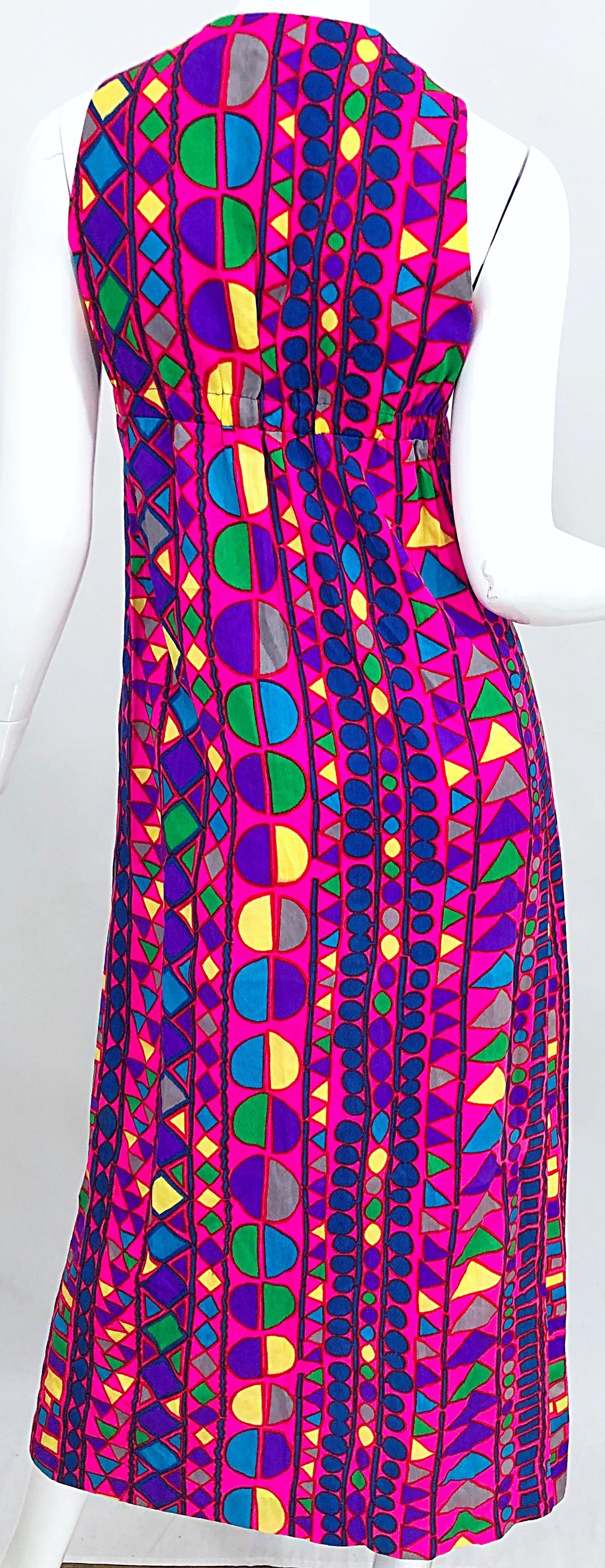 Amazing 1970s Joseph Magnin Vibrant Colorful Abstract Mosaic Vest 70s Maxi Dress For Sale 6