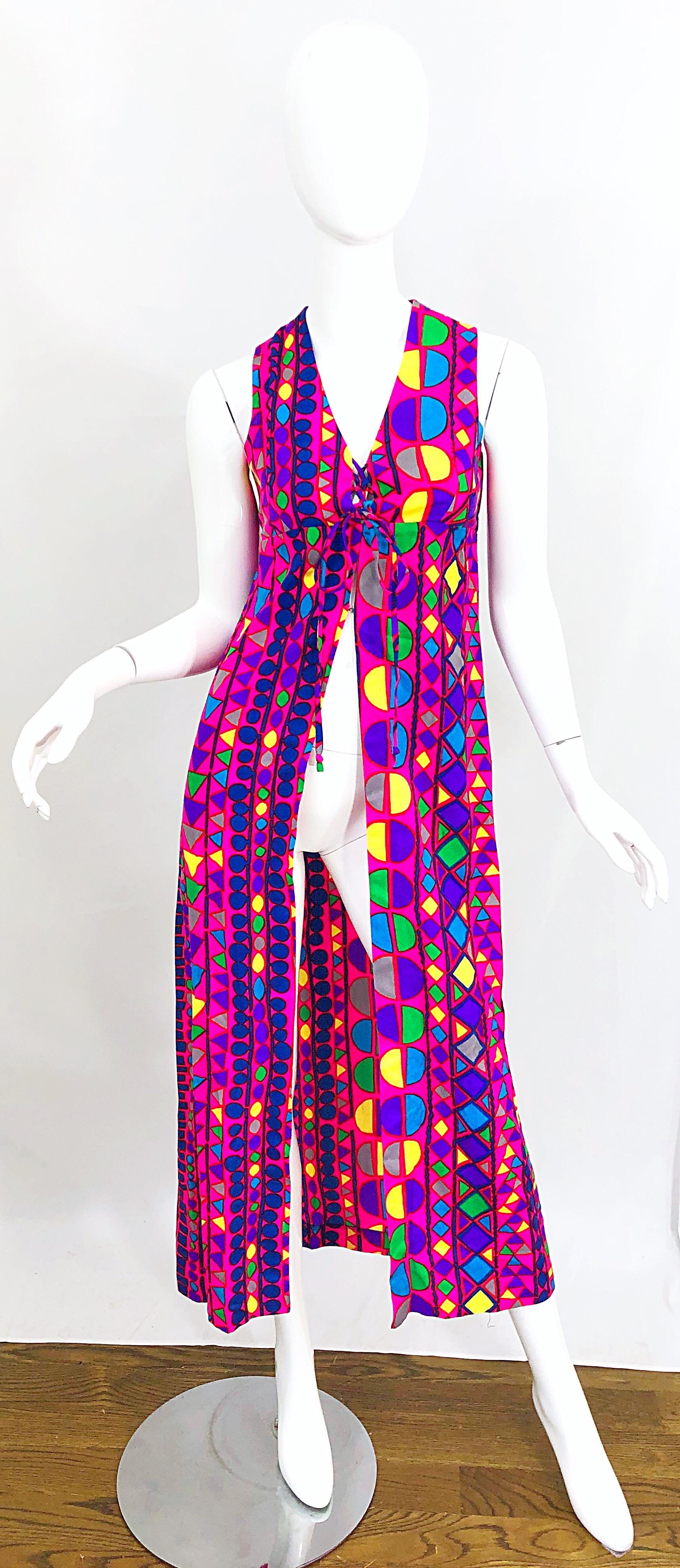 Amazing 1970s Joseph Magnin Vibrant Colorful Abstract Mosaic Vest 70s Maxi Dress For Sale 9