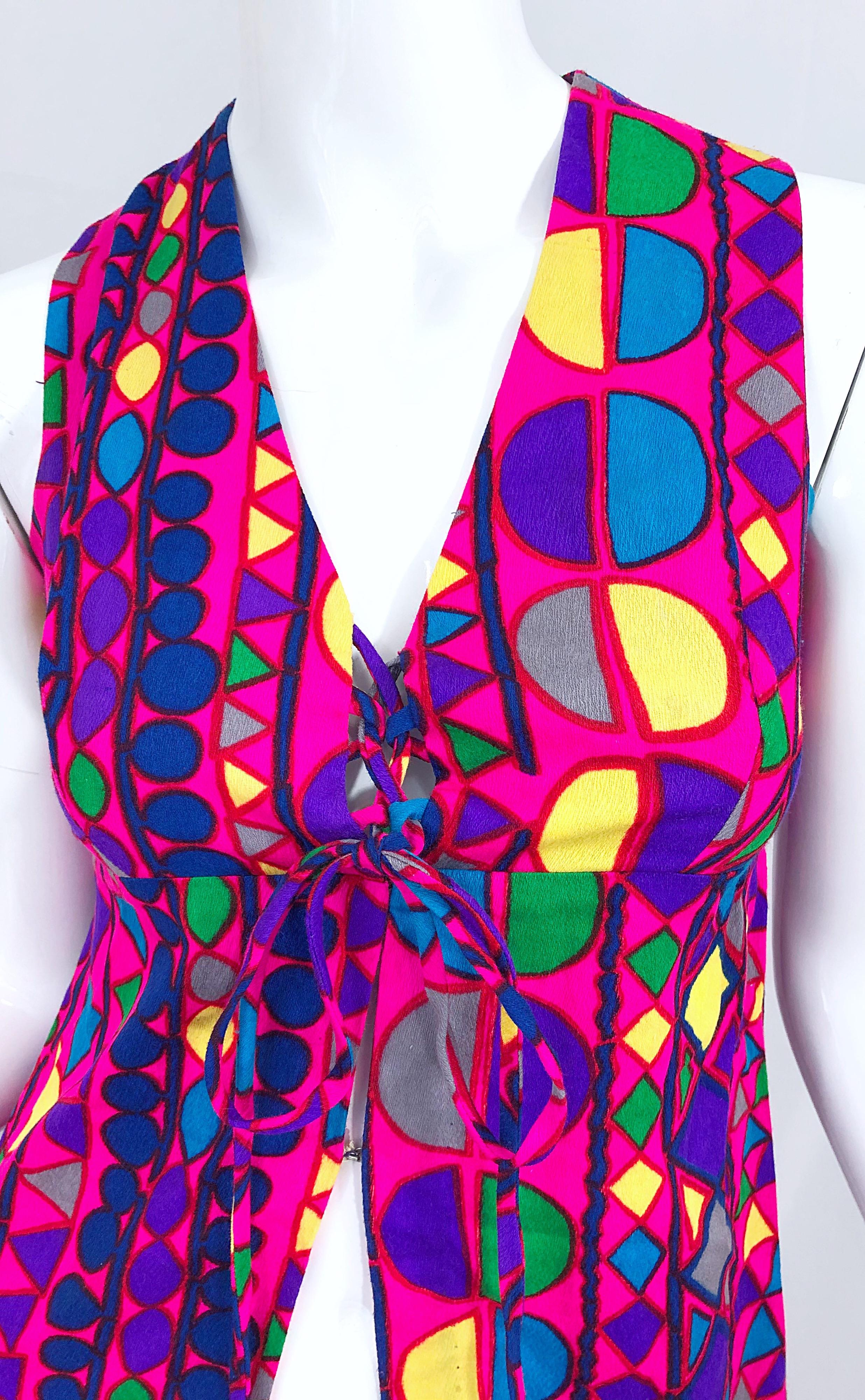 Purple Amazing 1970s Joseph Magnin Vibrant Colorful Abstract Mosaic Vest 70s Maxi Dress For Sale