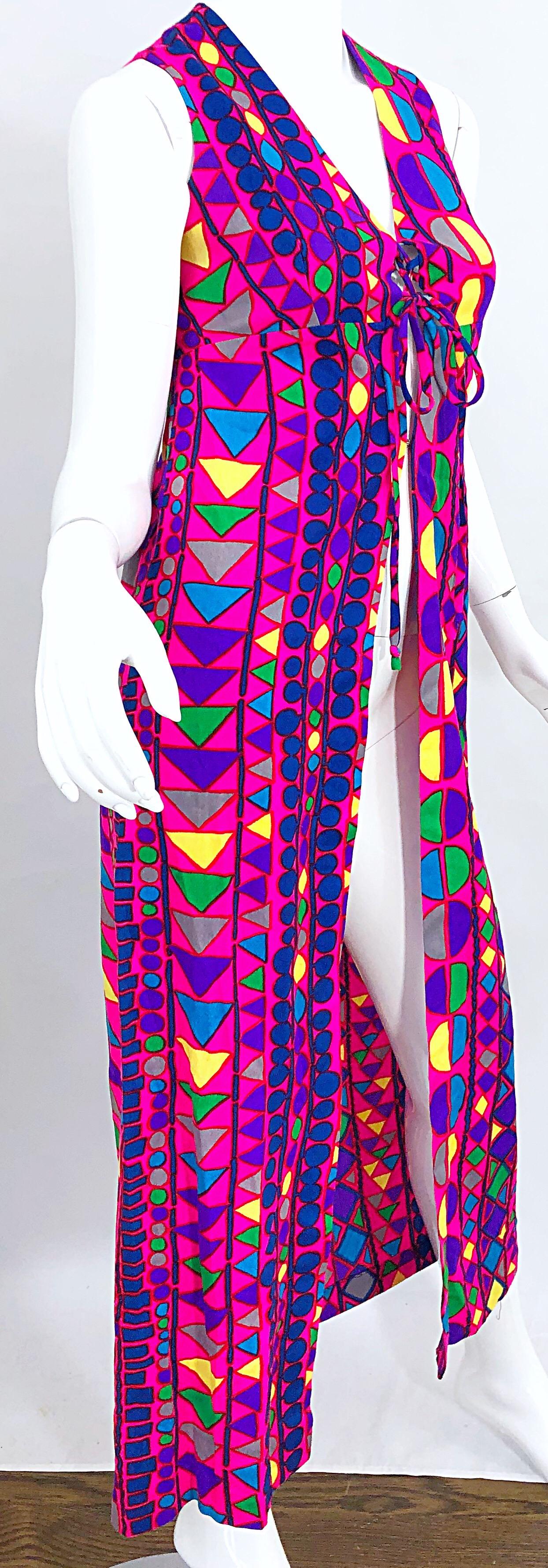 Amazing 1970s Joseph Magnin Vibrant Colorful Abstract Mosaic Vest 70s Maxi Dress For Sale 1