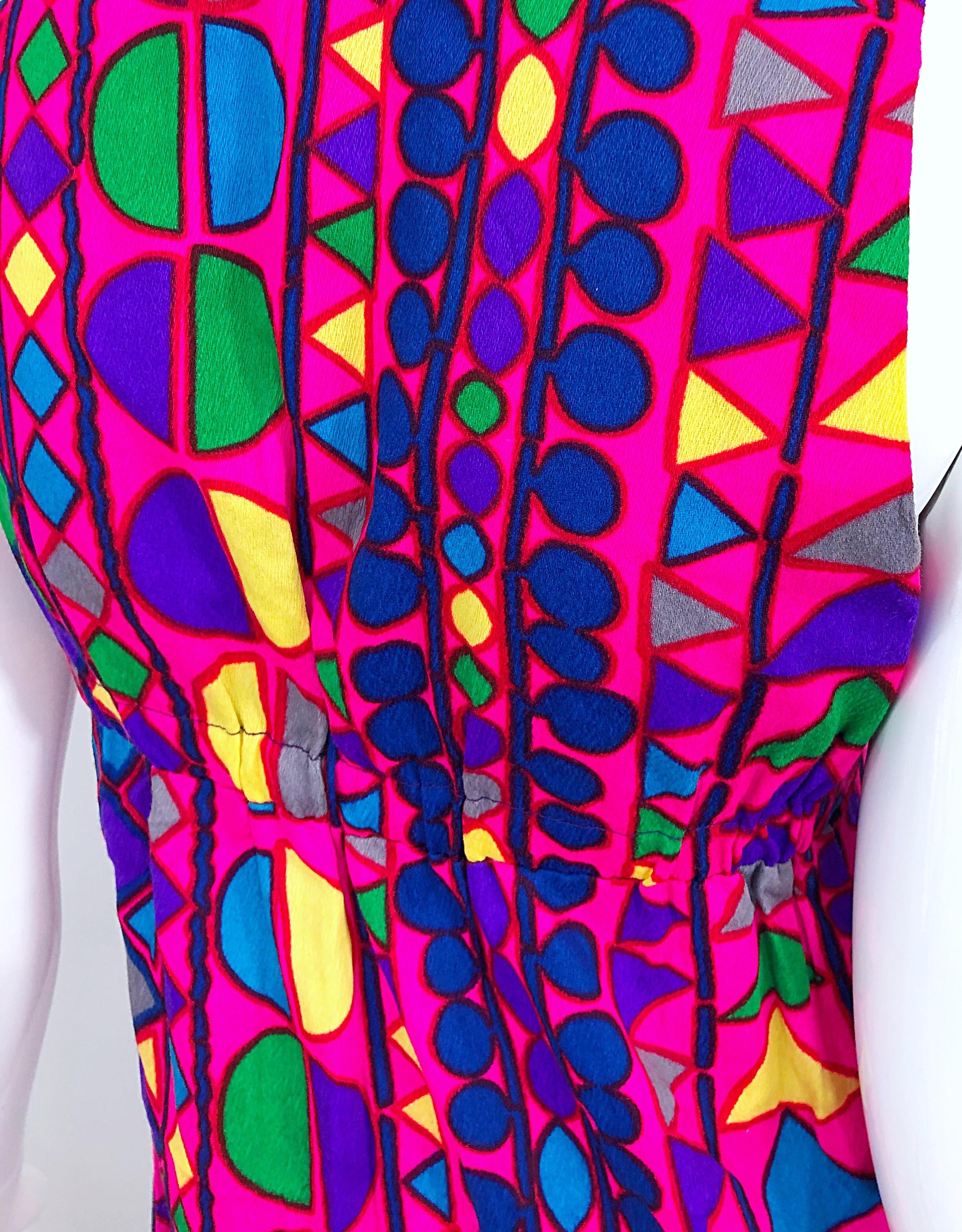 Amazing 1970s Joseph Magnin Vibrant Colorful Abstract Mosaic Vest 70s Maxi Dress For Sale 3