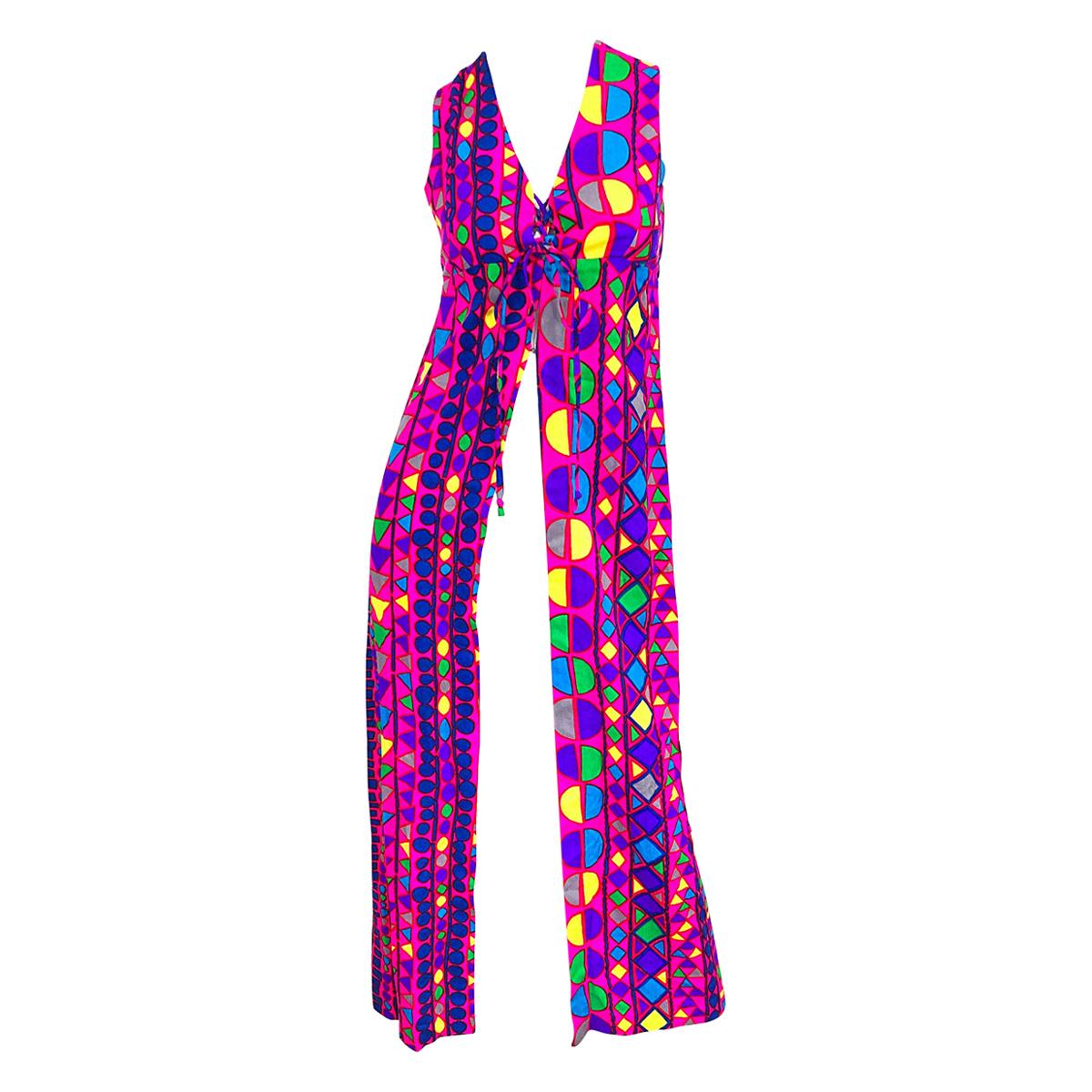 Joseph Magnin - Magnin - Magnifique robe longue à gilet en mosaïque abstraite colorée et vibrante, années 1970 en vente