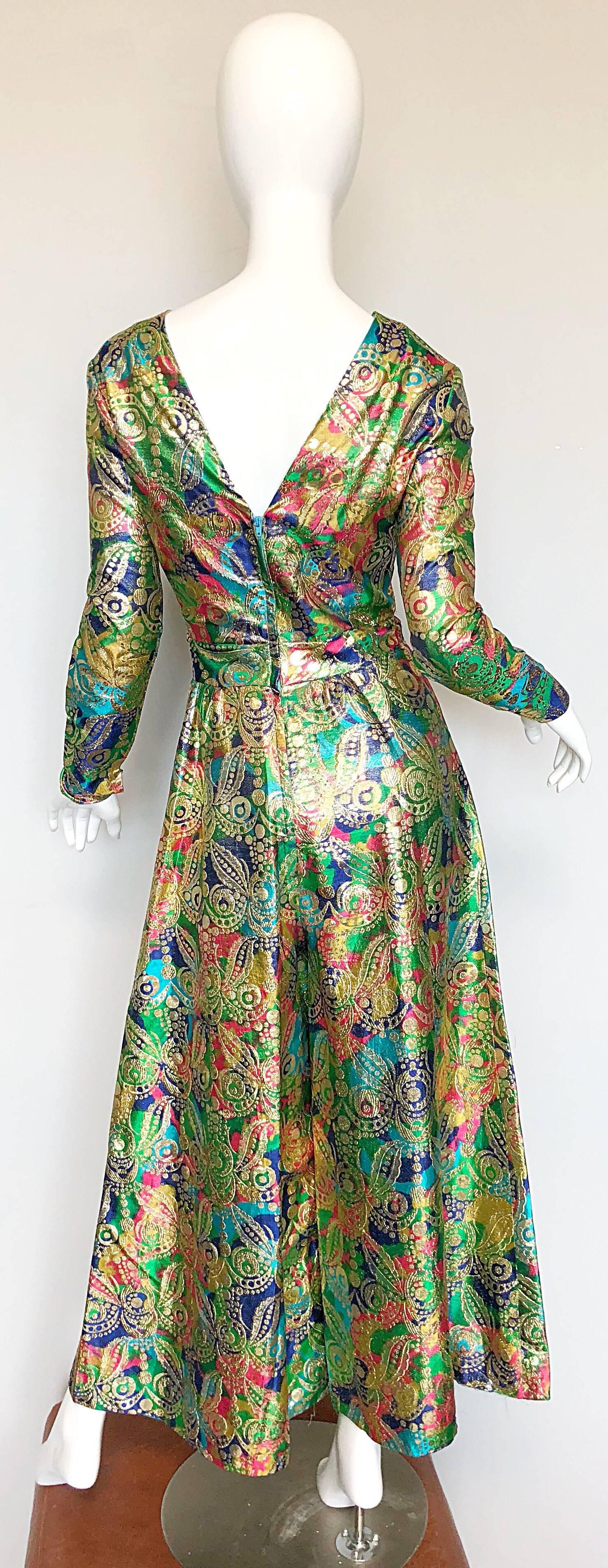 Large 1970s Palazzo Pant Jumpsuit Long Sleeve Flowy V Neck Hostess