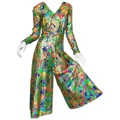 Amazing 1970s Long Sleeve Psychedelic Paisley 70s Wide Leg Palazzo Jumpsuit