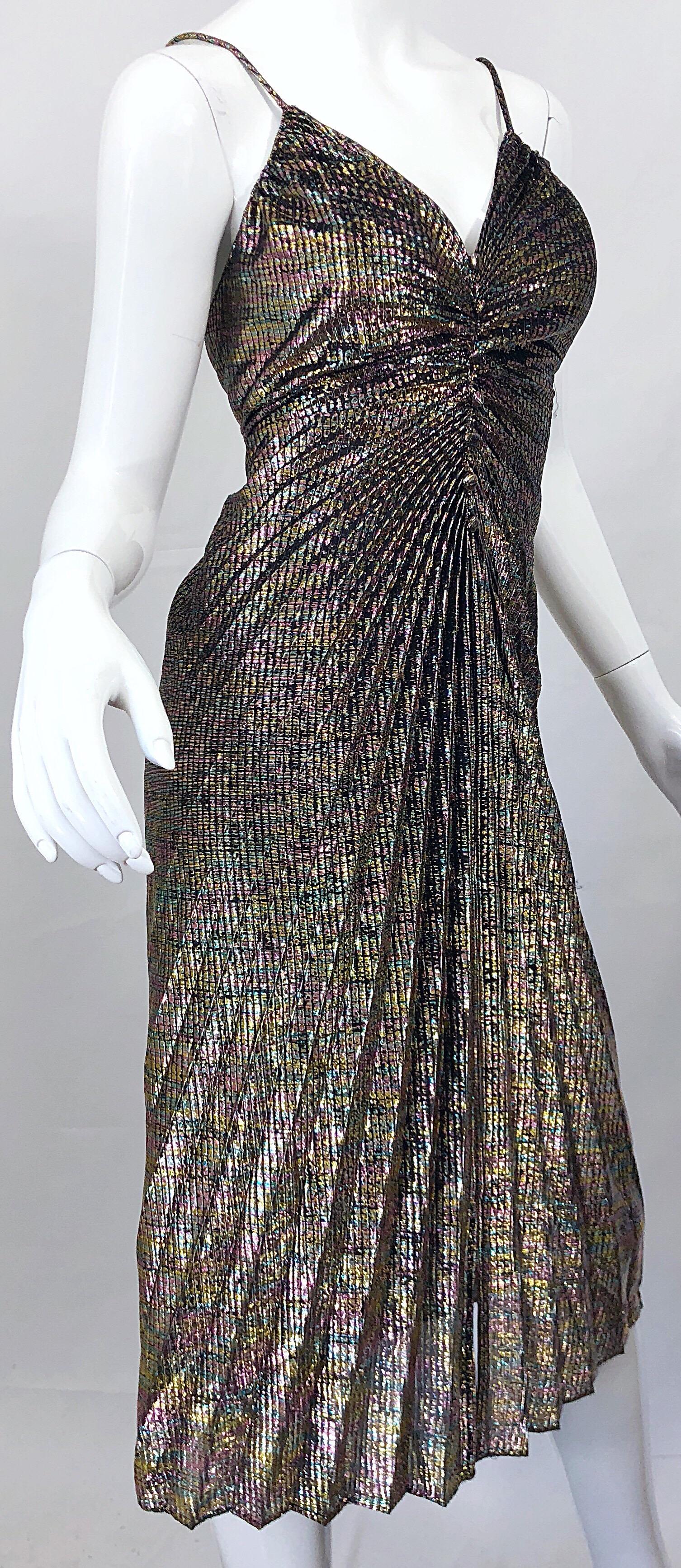 Amazing 1970s Metallic Disco Studio 54 Pleated Slinky Colorful Vintage 70s Dress 2