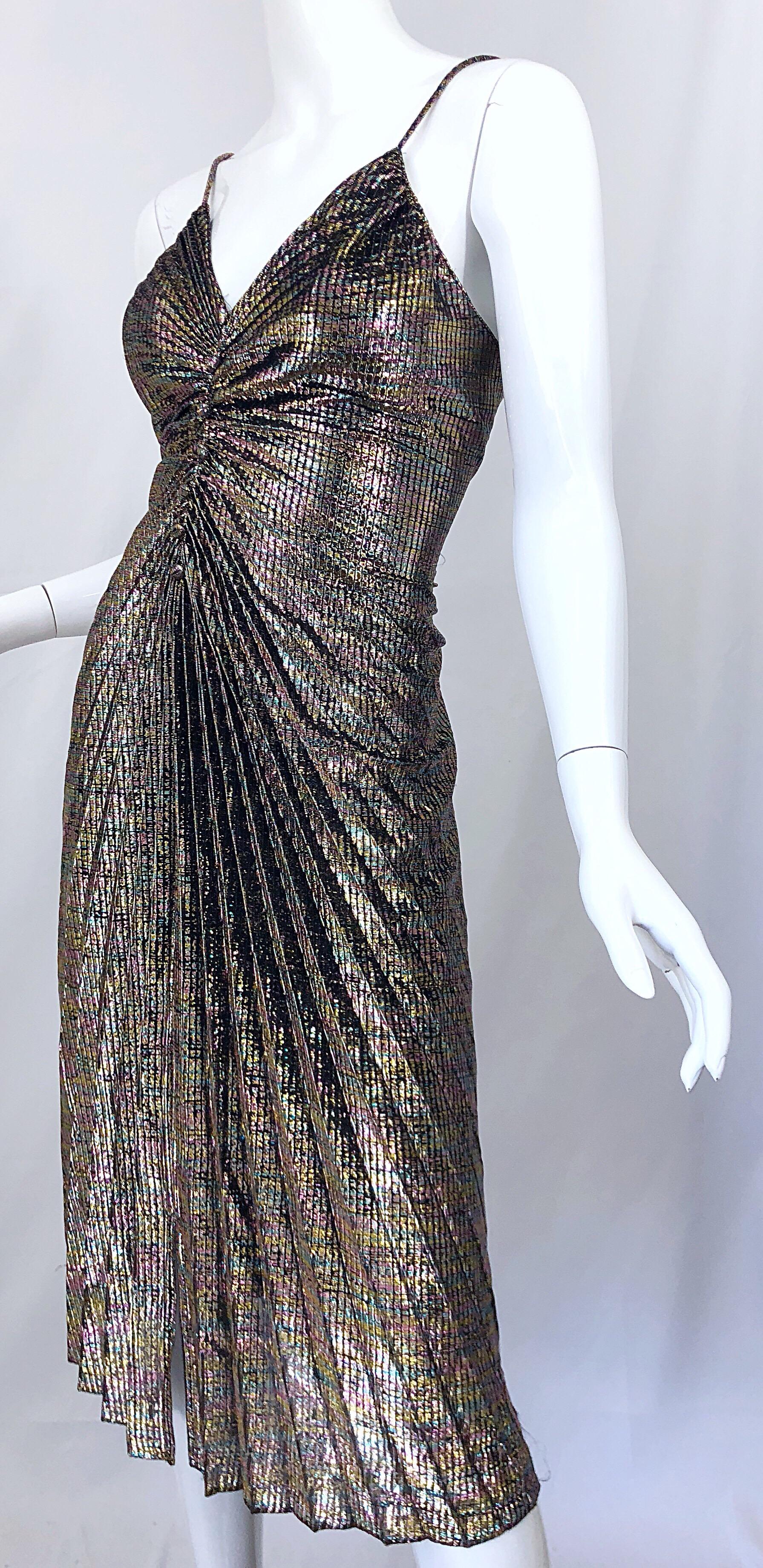Amazing 1970s Metallic Disco Studio 54 Pleated Slinky Colorful Vintage 70s Dress In Excellent Condition In San Diego, CA