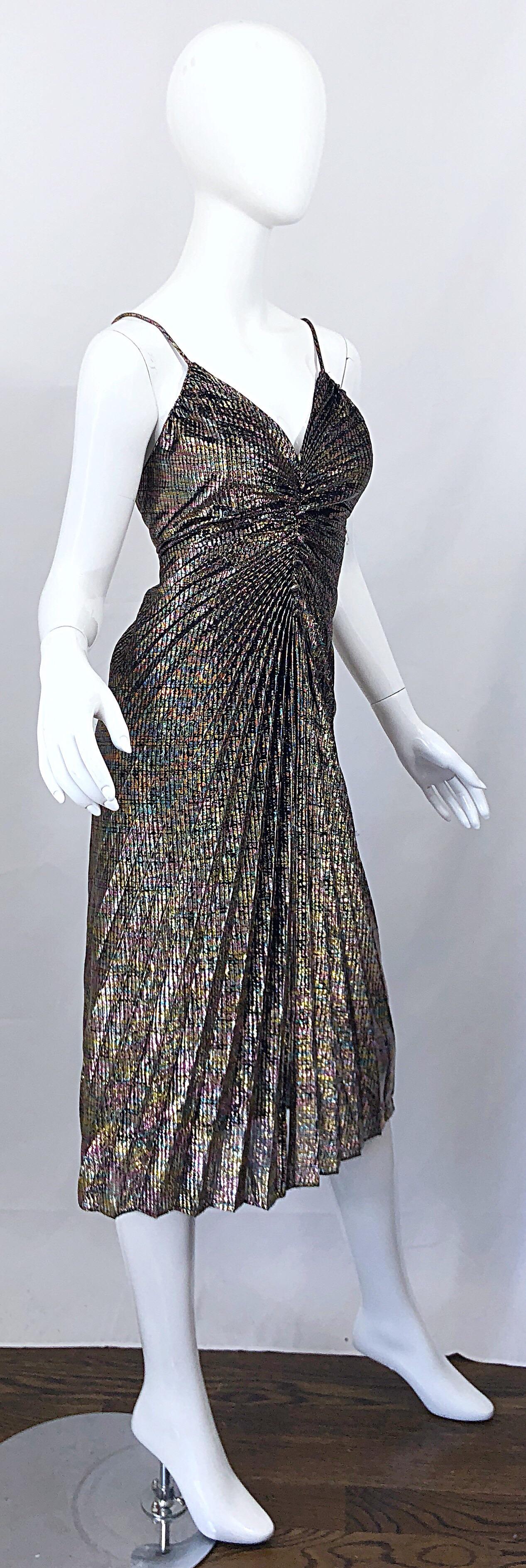 Amazing 1970s Metallic Disco Studio 54 Pleated Slinky Colorful Vintage 70s Dress 1