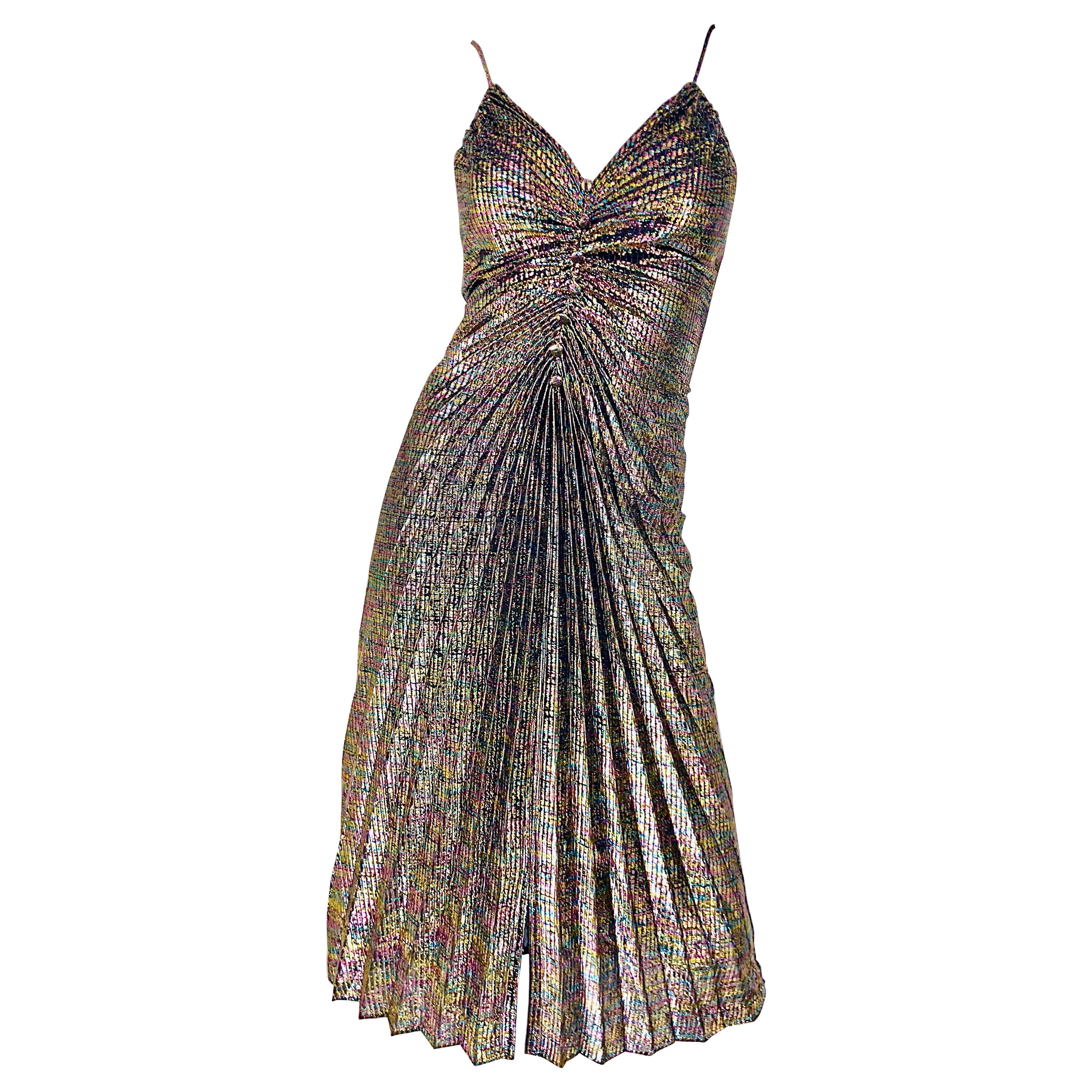 Amazing 1970s Metallic Disco Studio 54 Pleated Slinky Colorful Vintage 70s Dress