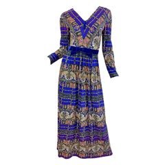 Robe longue en jersey vintage des années 70, imprimé marocain violet et coloré