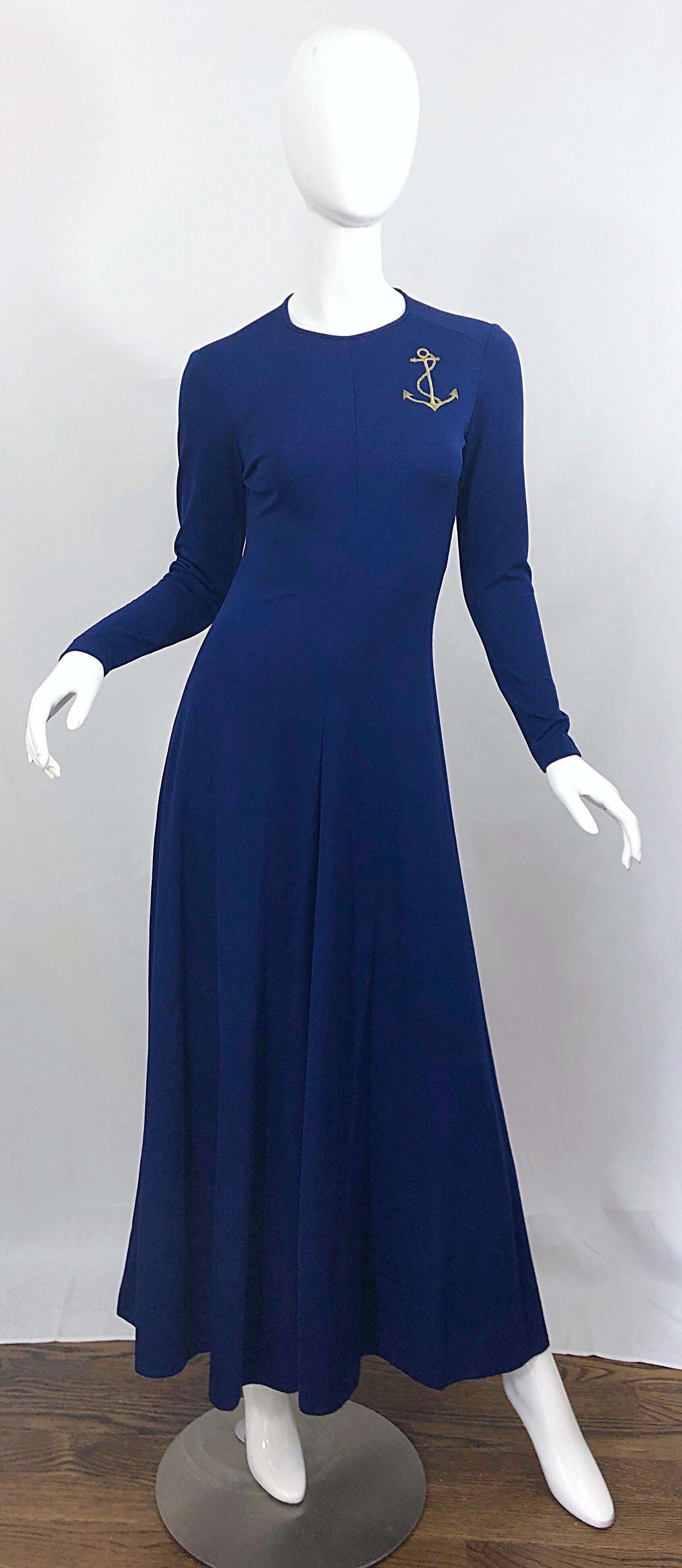 Amazing 1970s Nautical Navy Blue + Gold Anchor Patch Vintage Jersey maxi Dress For Sale 3