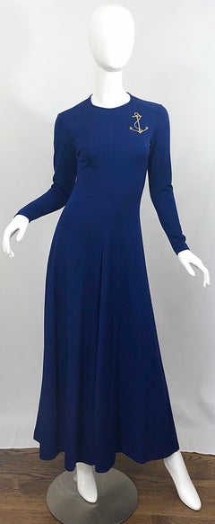 Amazing 1970s Nautical Navy Blue + Gold Anchor Patch Vintage Jersey maxi Dress