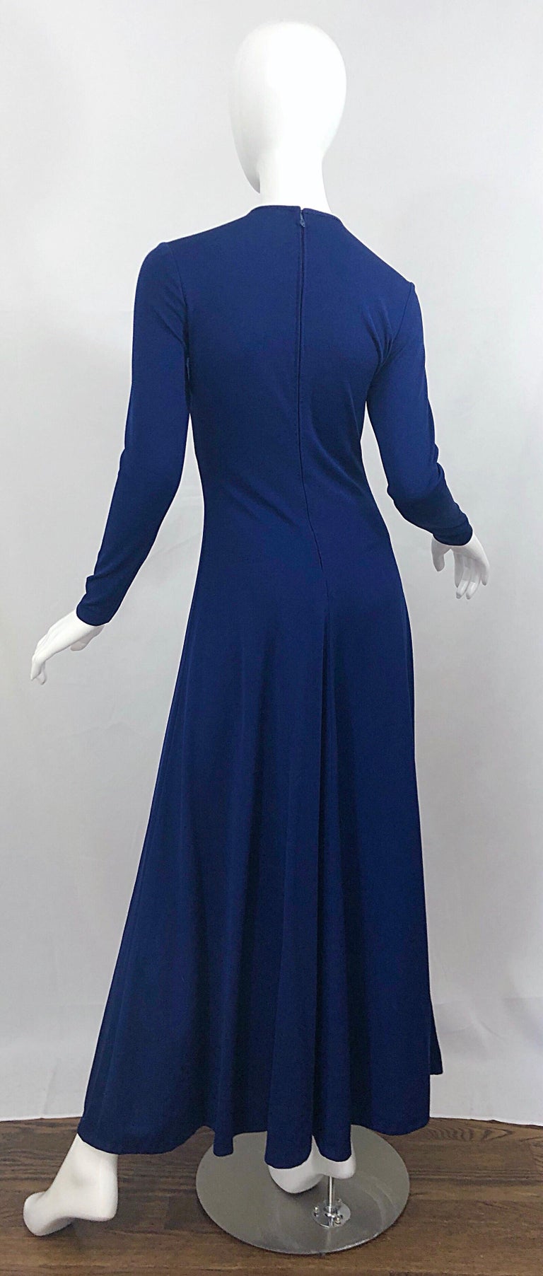 Amazing 1970s Nautical Navy Blue + Gold Anchor Patch Vintage Jersey Maxi Dress